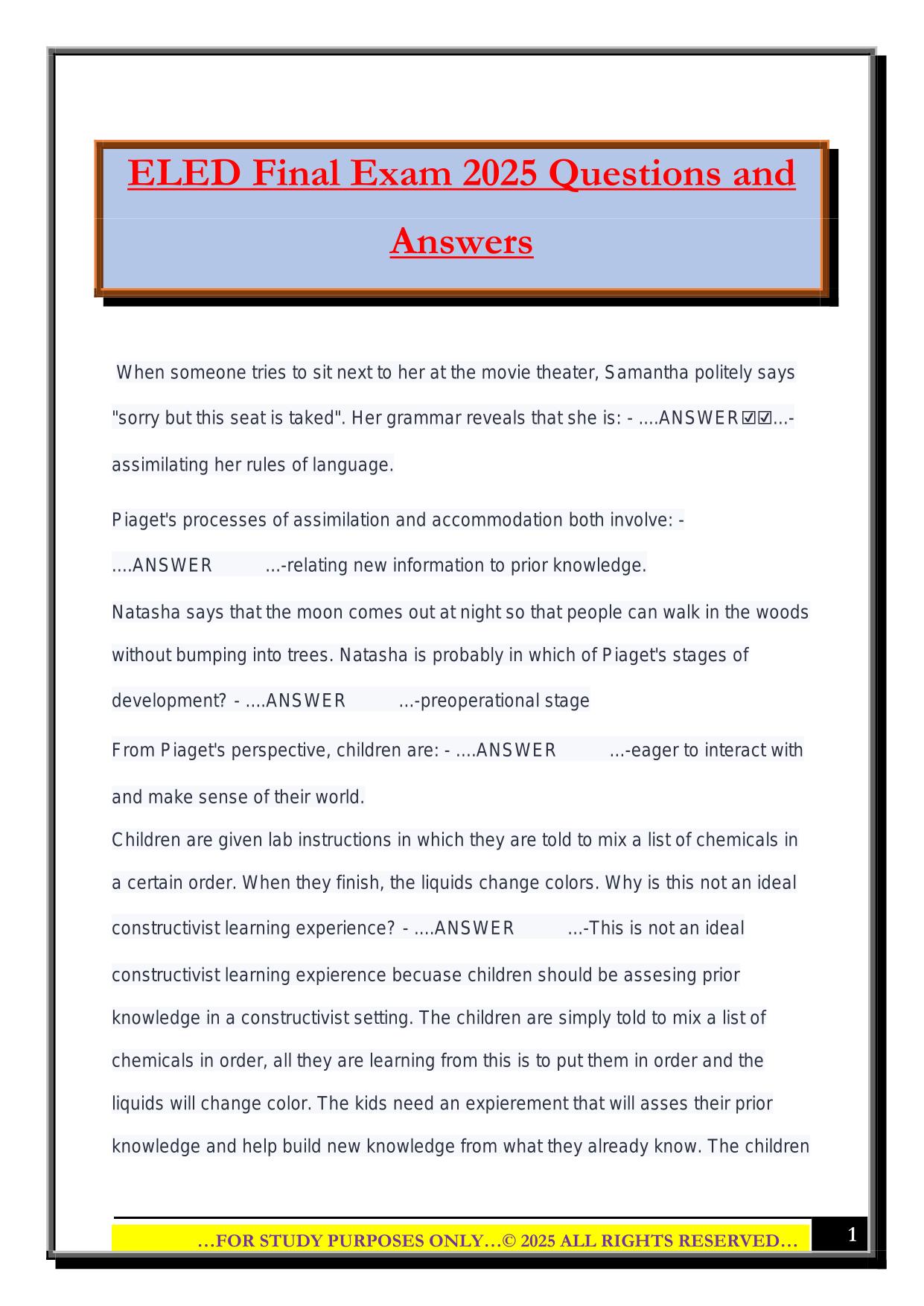 ELED Final Exam 2025 Questions and Answers