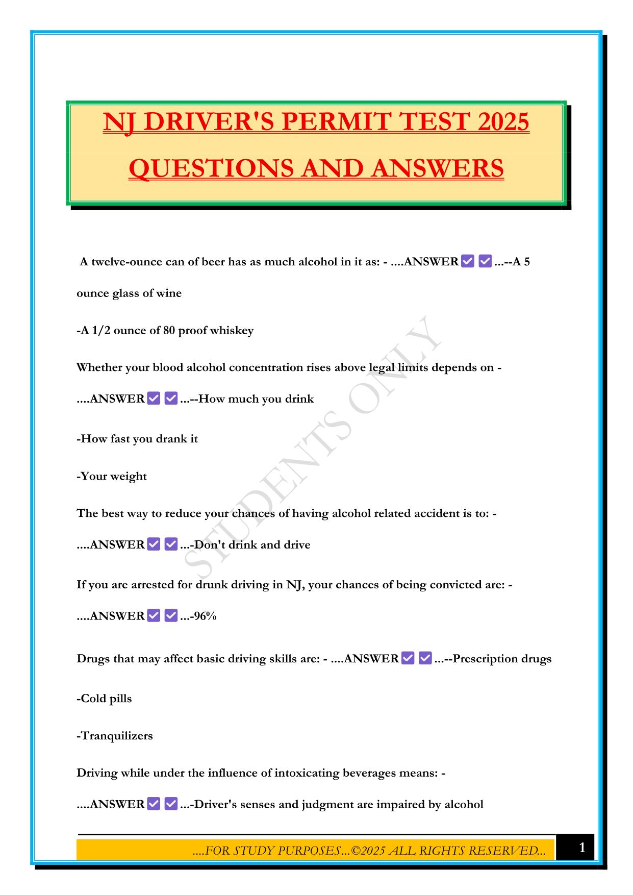 NJ DRIVER'S PERMIT TEST 2025 QUESTIONS AND ANSWERS