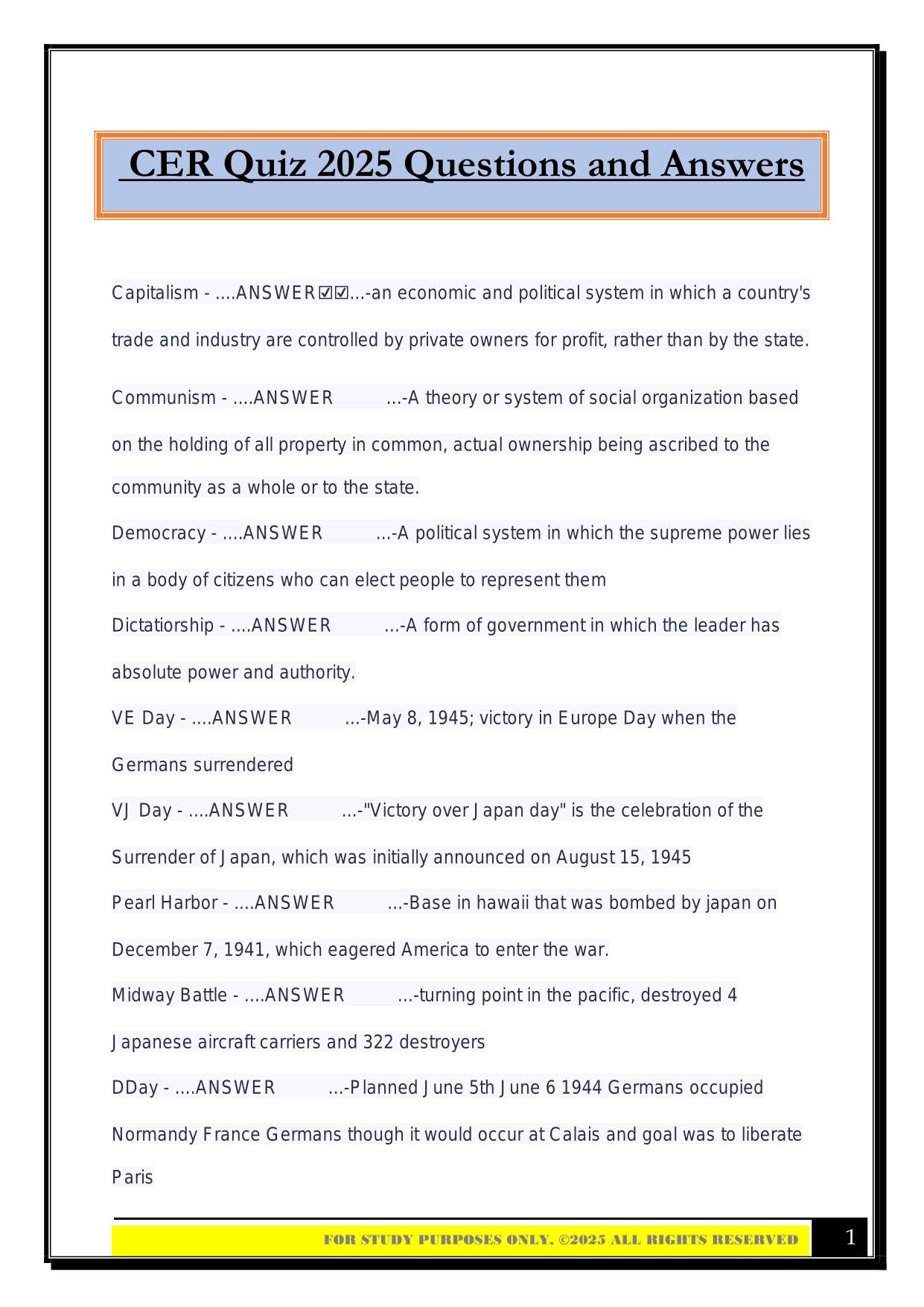 CER Quiz 2025 Questions and Answers