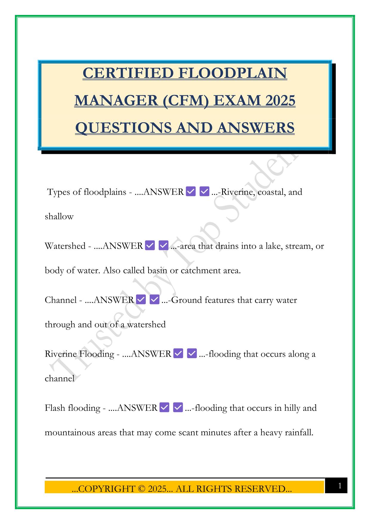 CERTIFIED FLOODPLAIN MANAGER (CFM) EXAM 2025 QUESTIONS AND ANSWERS