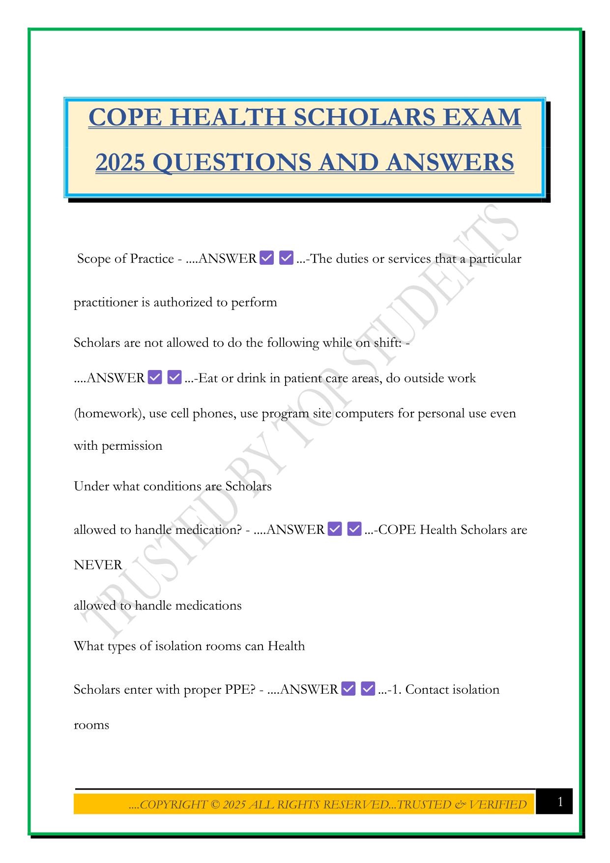 COPE HEALTH SCHOLARS EXAM 2025 QUESTIONS AND ANSWER