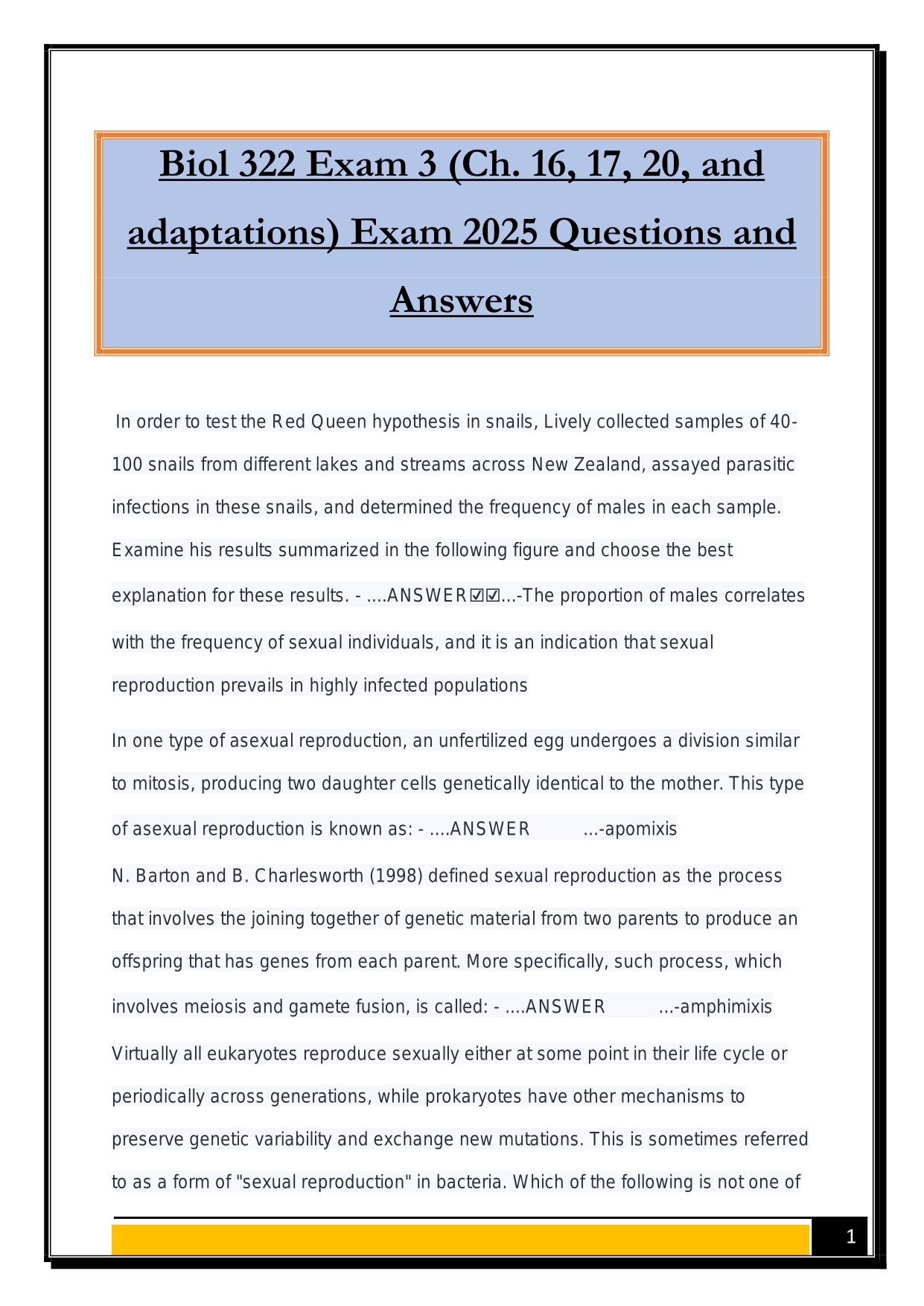 Biol 322 Exam 3 (Ch. 16, 17, 20, and adaptations) Exam 2025 Questions and Answers