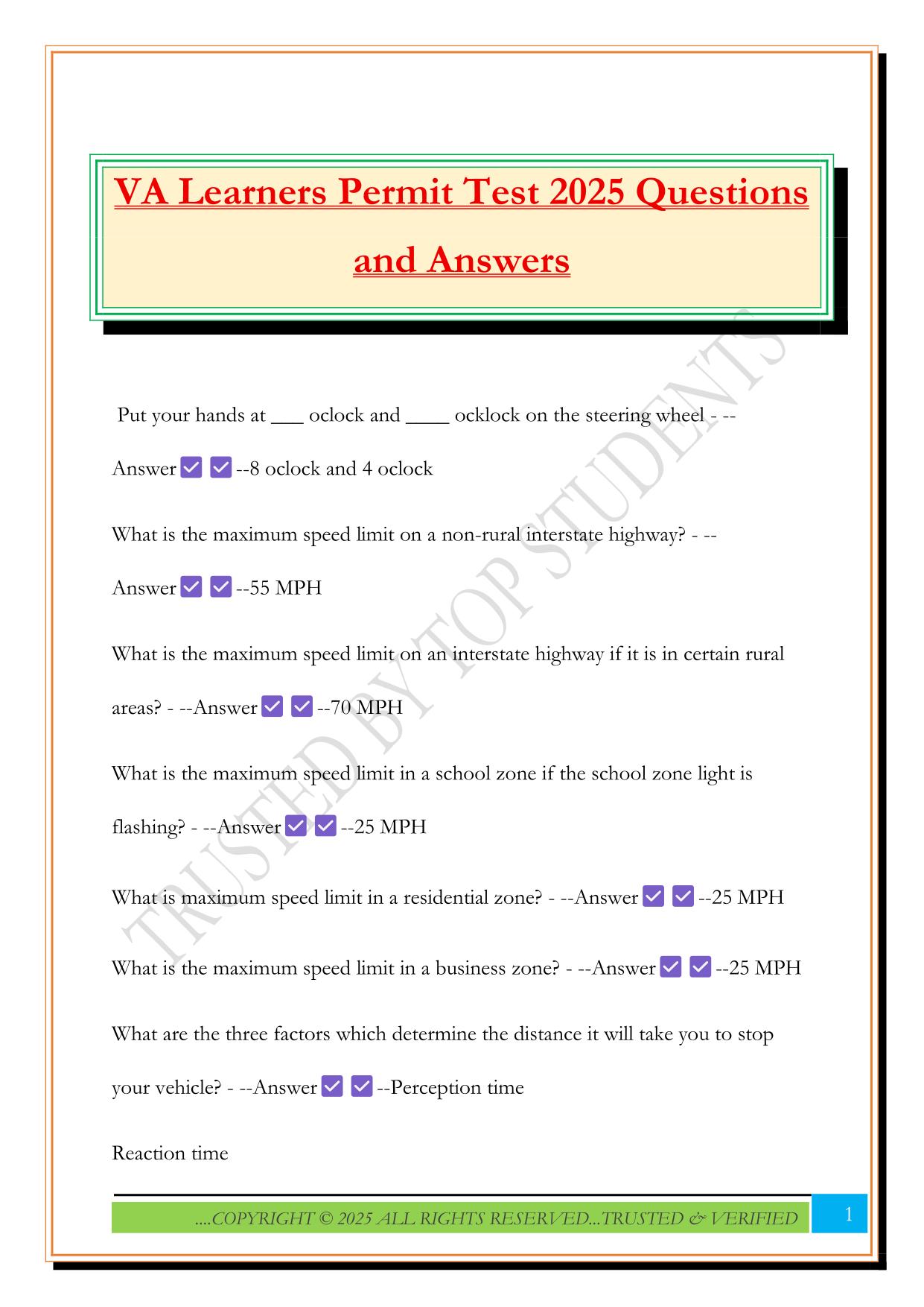 VA Learners Permit Test 2025 Questions and Answers