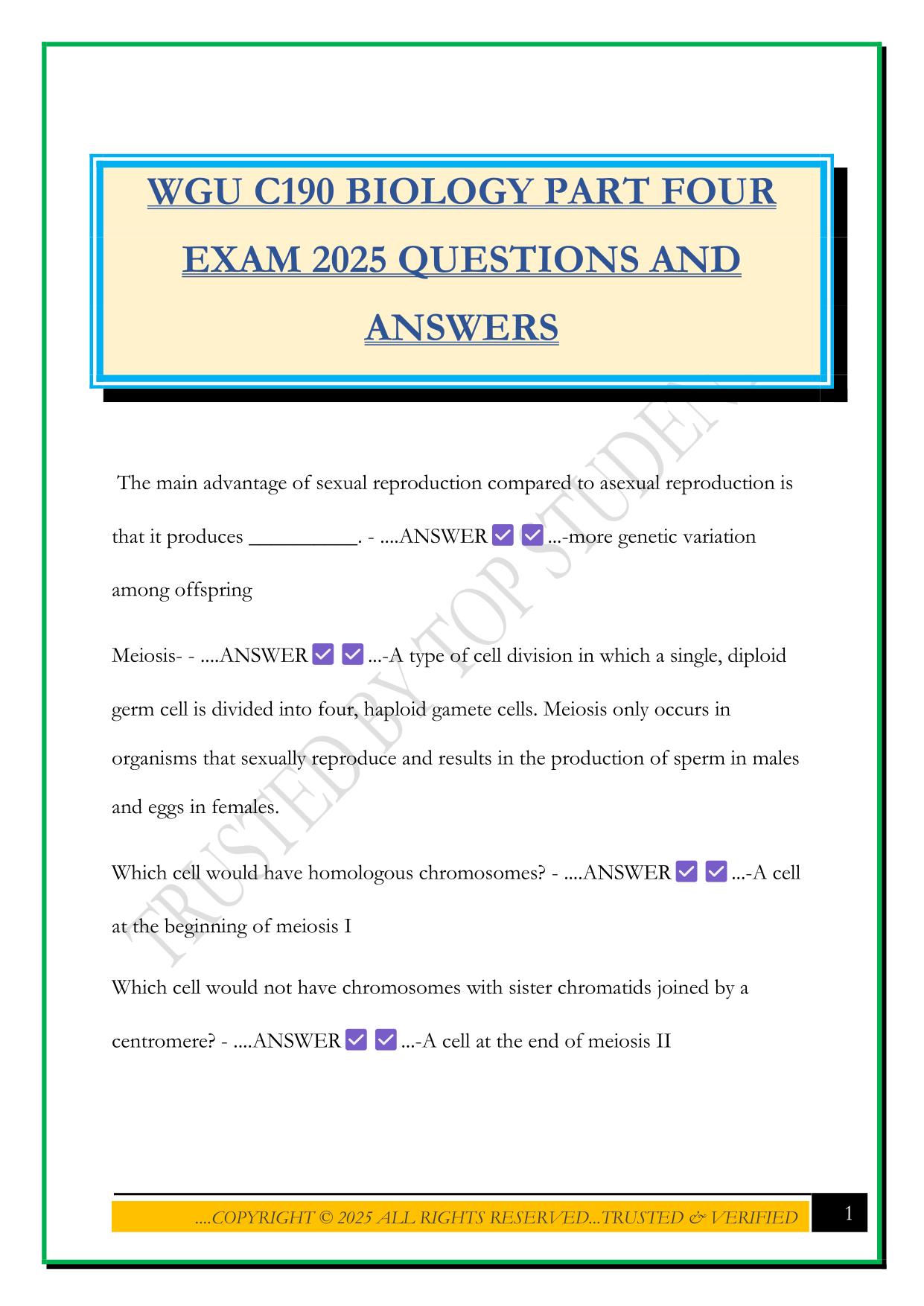 WGU C190 BIOLOGY PART FOUR EXAM 2025 QUESTIONS AND ANSWERS