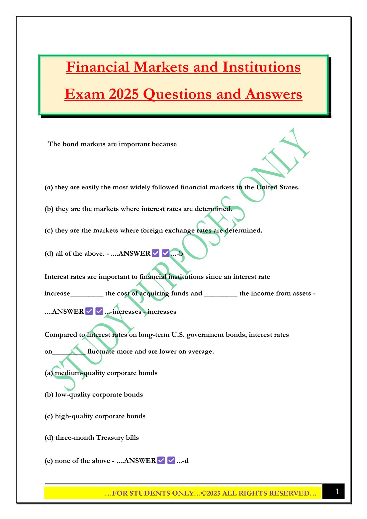 Financial Markets and Institutions Exam 2025 Questions and Answers