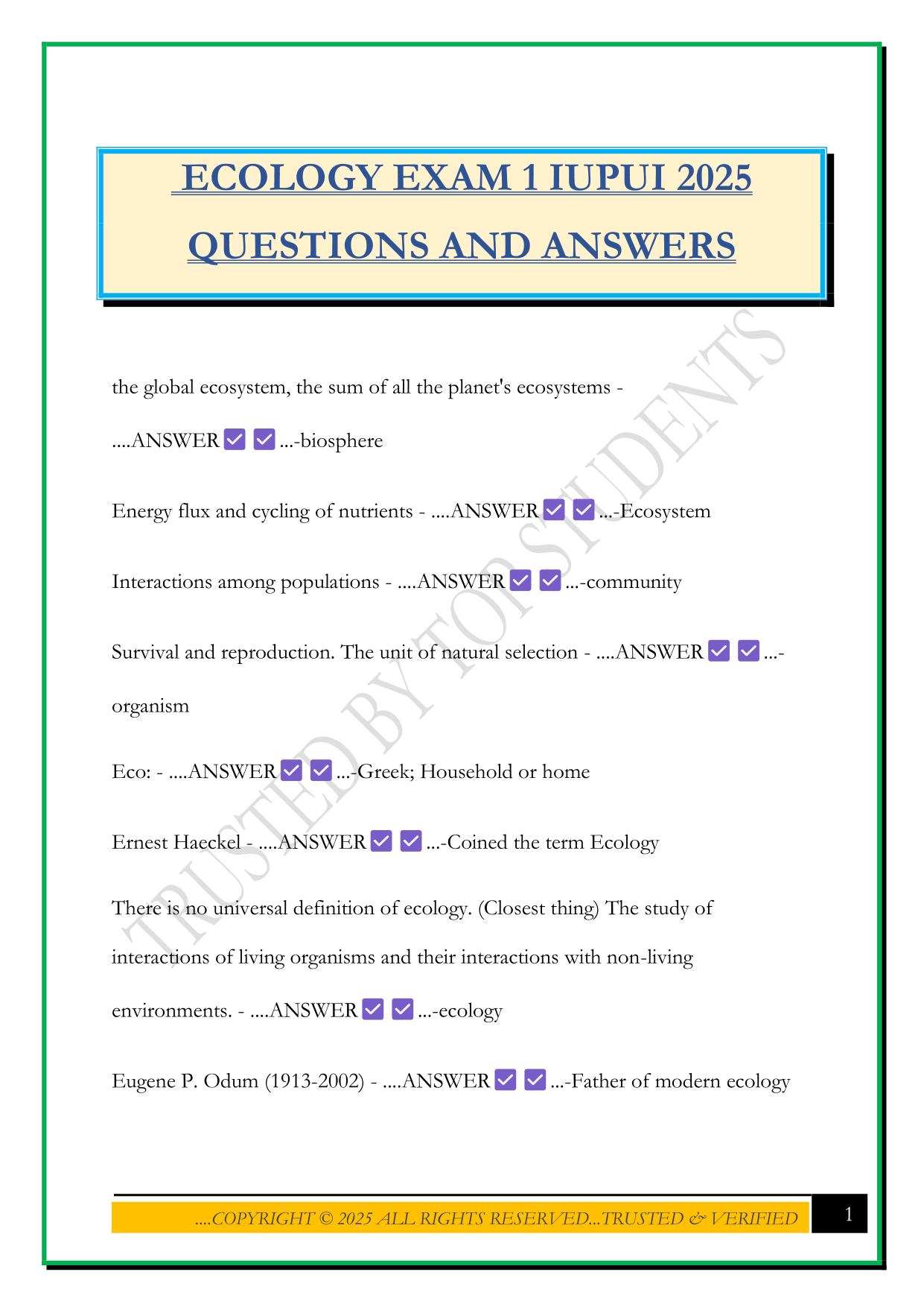 ECOLOGY EXAM 1 IUPUI 2025 QUESTIONS AND ANSWERS