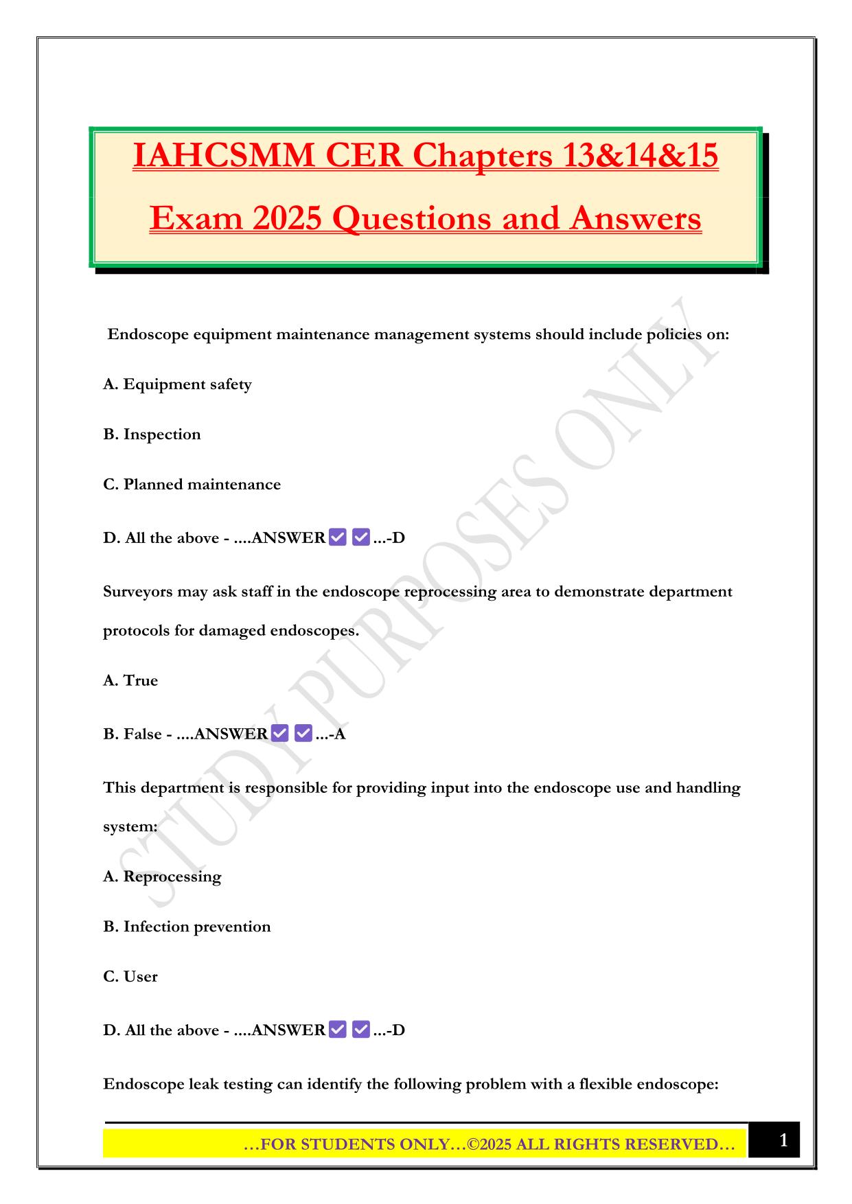 IAHCSMM CER Chapters 13&14&15 Exam 2025 Questions and Answers