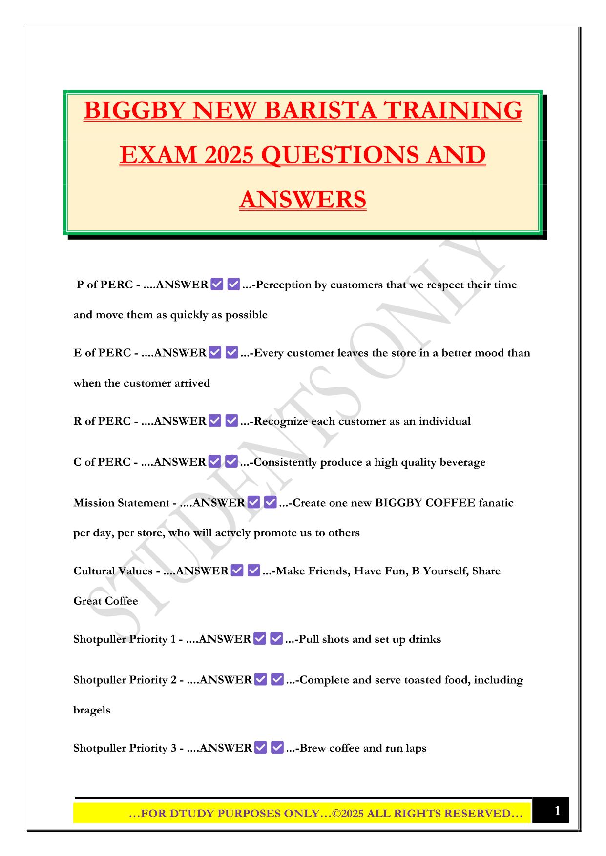 BIGGBY NEW BARISTA TRAINING EXAM 2025 QUESTIONS AND ANSWERS