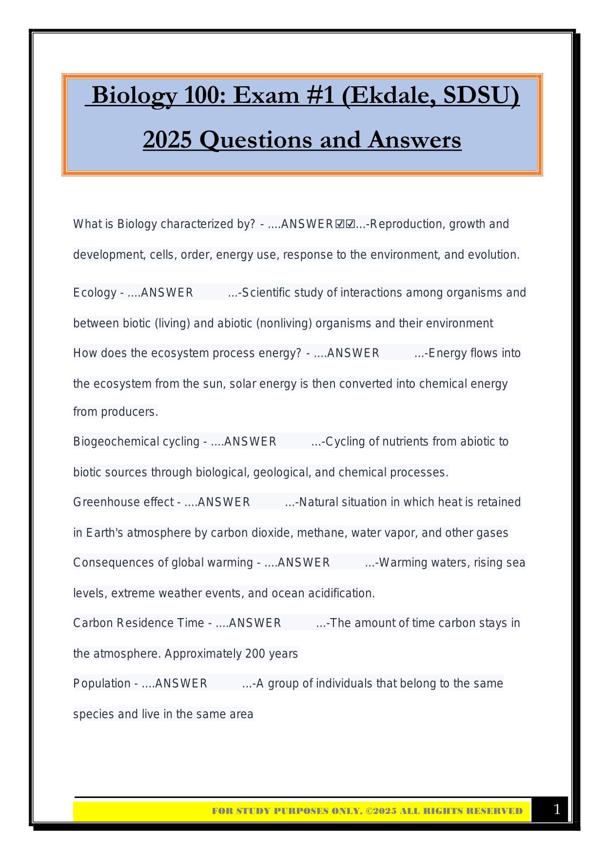 Biology 100: Exam #1 (Ekdale, SDSU) 2025 Questions and Answers