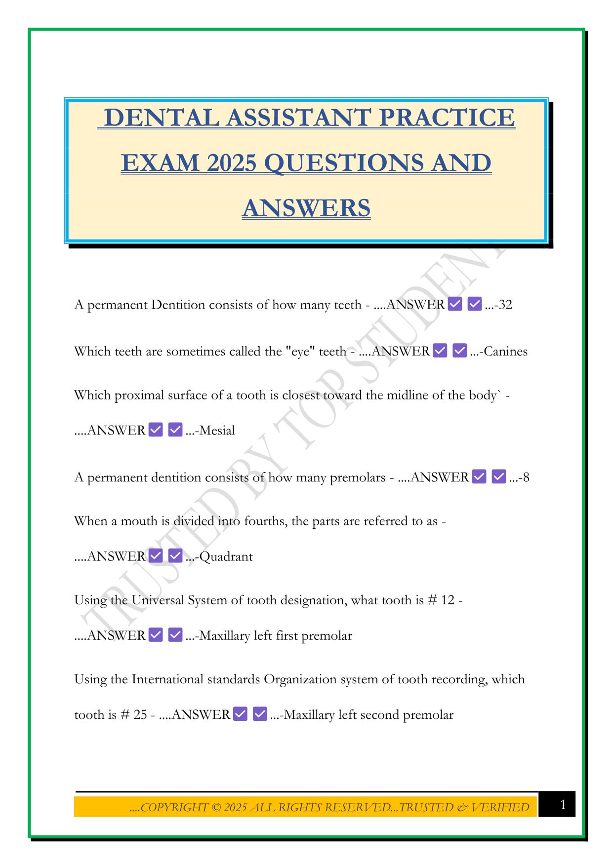 DENTAL ASSISTANT PRACTICE EXAM 2025 QUESTIONS AND ANSWERS