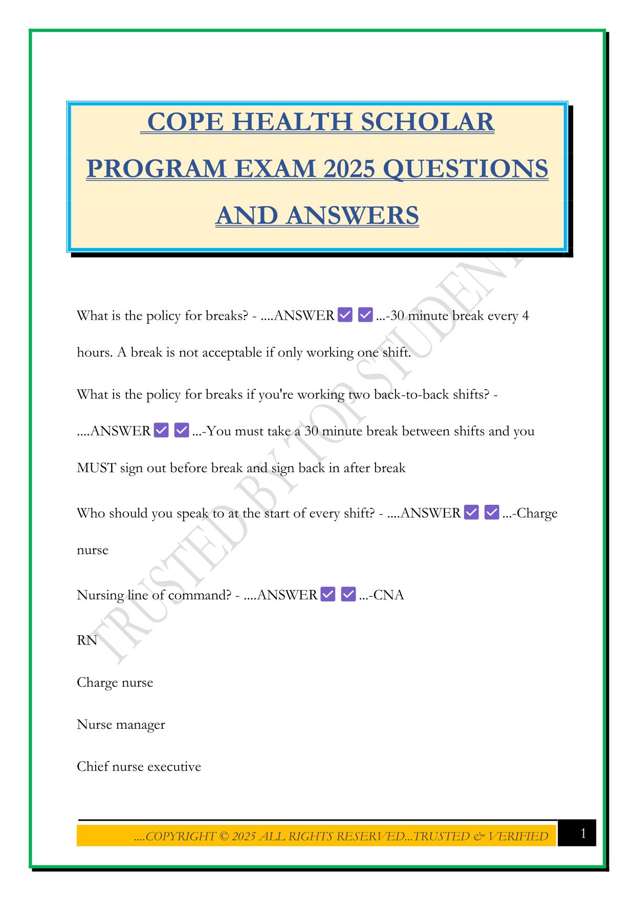 COPE HEALTH SCHOLAR PROGRAM EXAM 2025 QUESTIONS AND ANSWERS