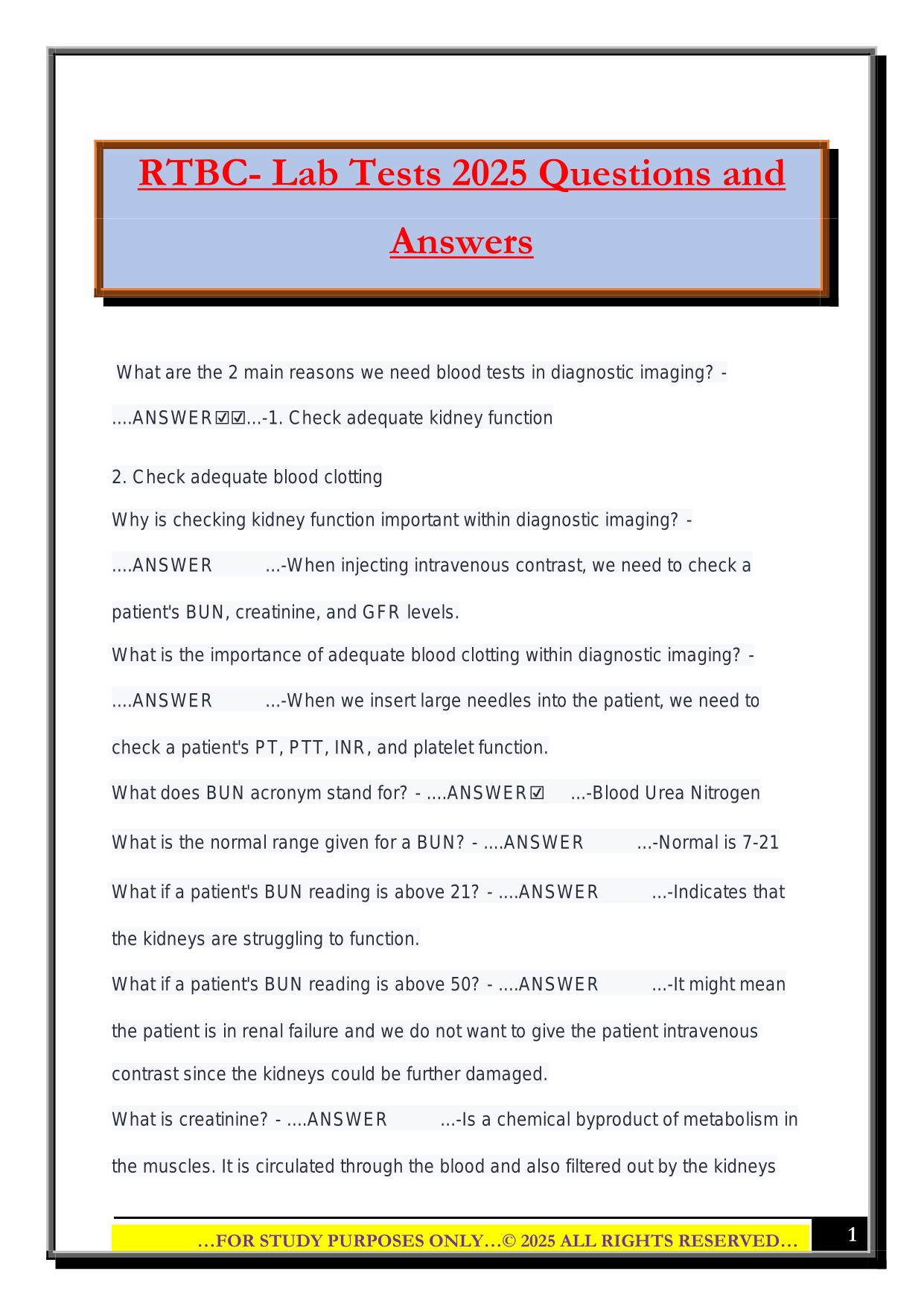 RTBC- Lab Tests 2025 Questions and Answers