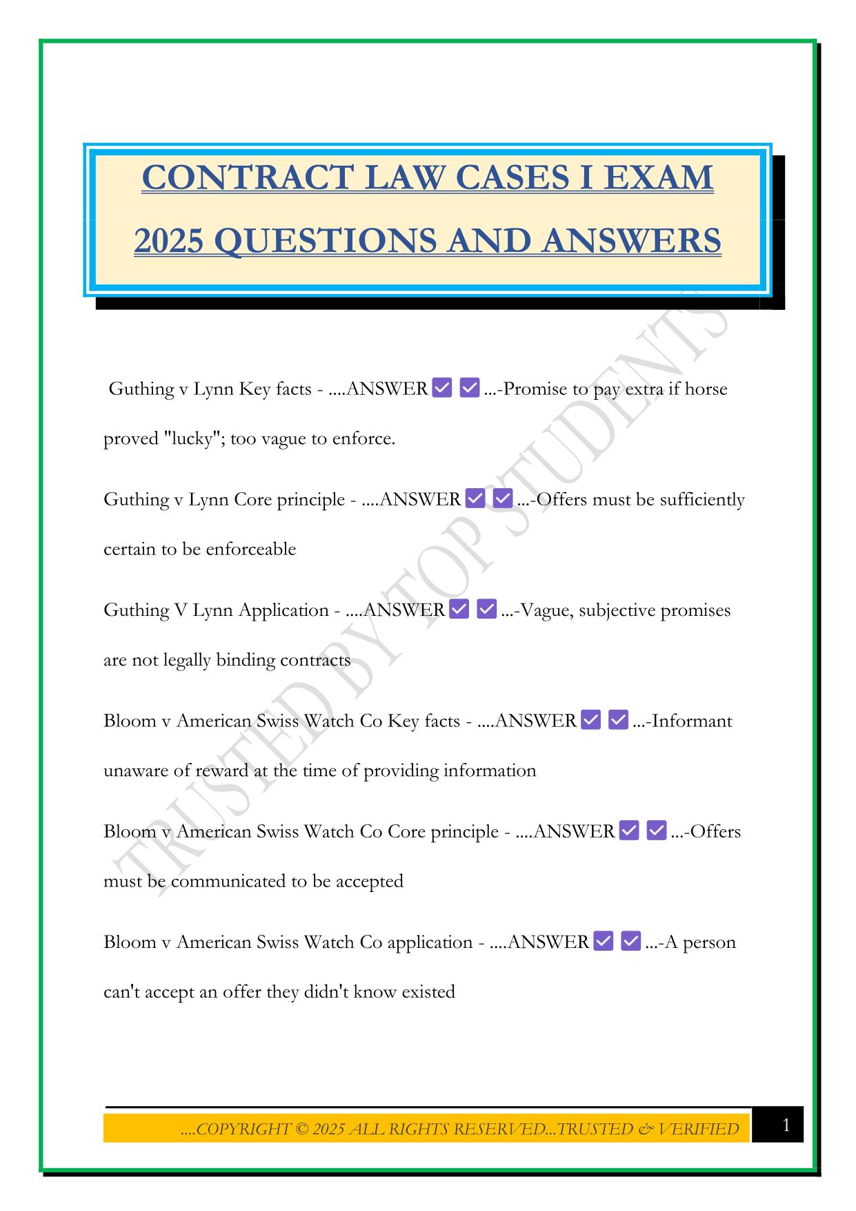 CONTRACT LAW CASES I EXAM 2025 QUESTIONS AND ANSWERS