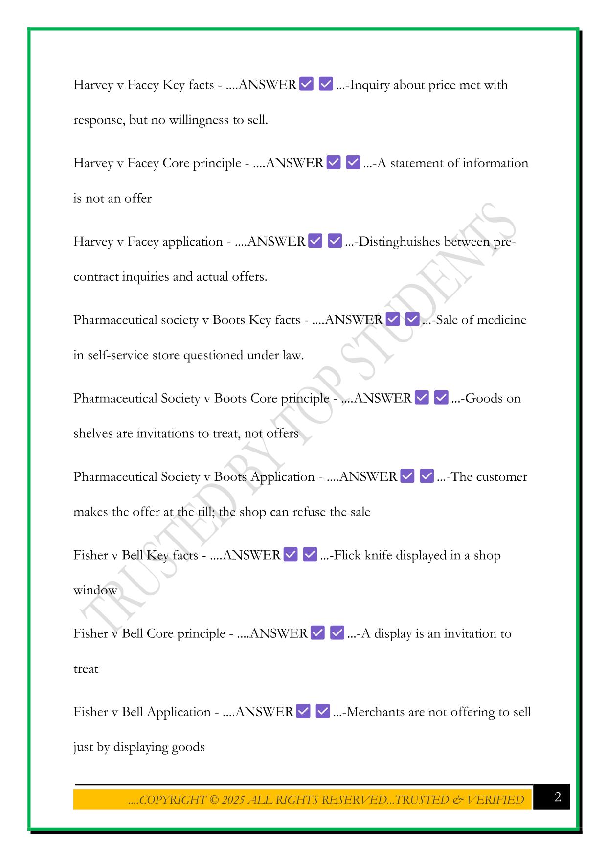 CONTRACT LAW CASES I EXAM 2025 QUESTIONS AND ANSWERS
