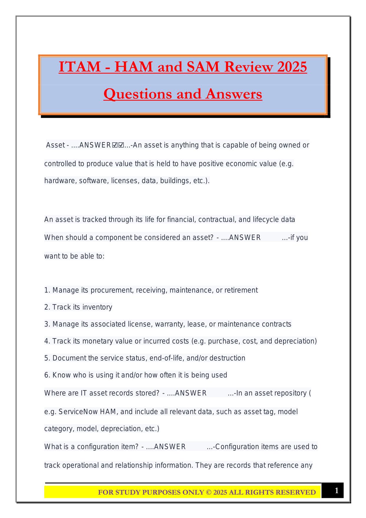 ITAM - HAM and SAM Review 2025 Questions and Answers