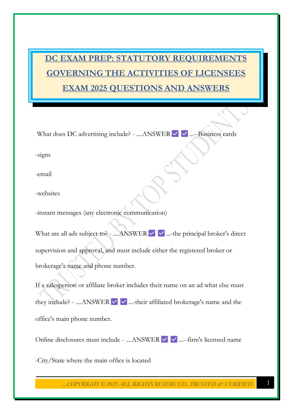 DC EXAM PREP: STATUTORY REQUIREMENTS GOVERNING THE ACTIVITIES OF LICENSEES EXAM 2025 QUESTIONS AND ANSWERS
