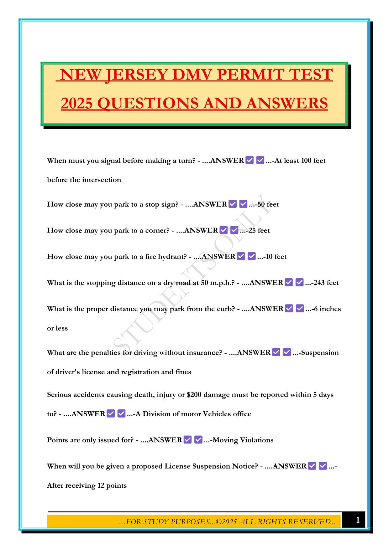NEW JERSEY DMV PERMIT Bundled Exams 2025/2026 |Questions and Answers |100% Pass