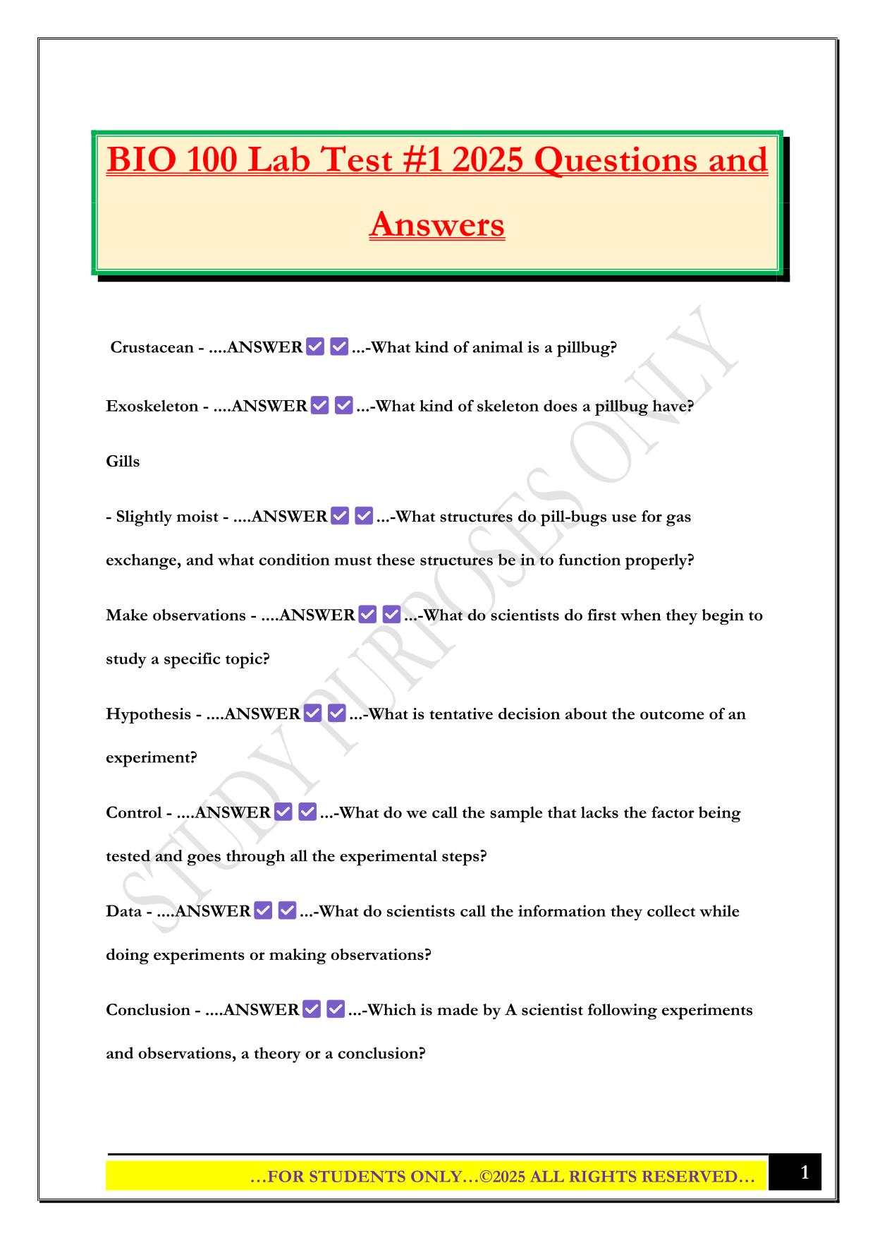 BIO 100 Lab Test #1 2025 Questions and Answers