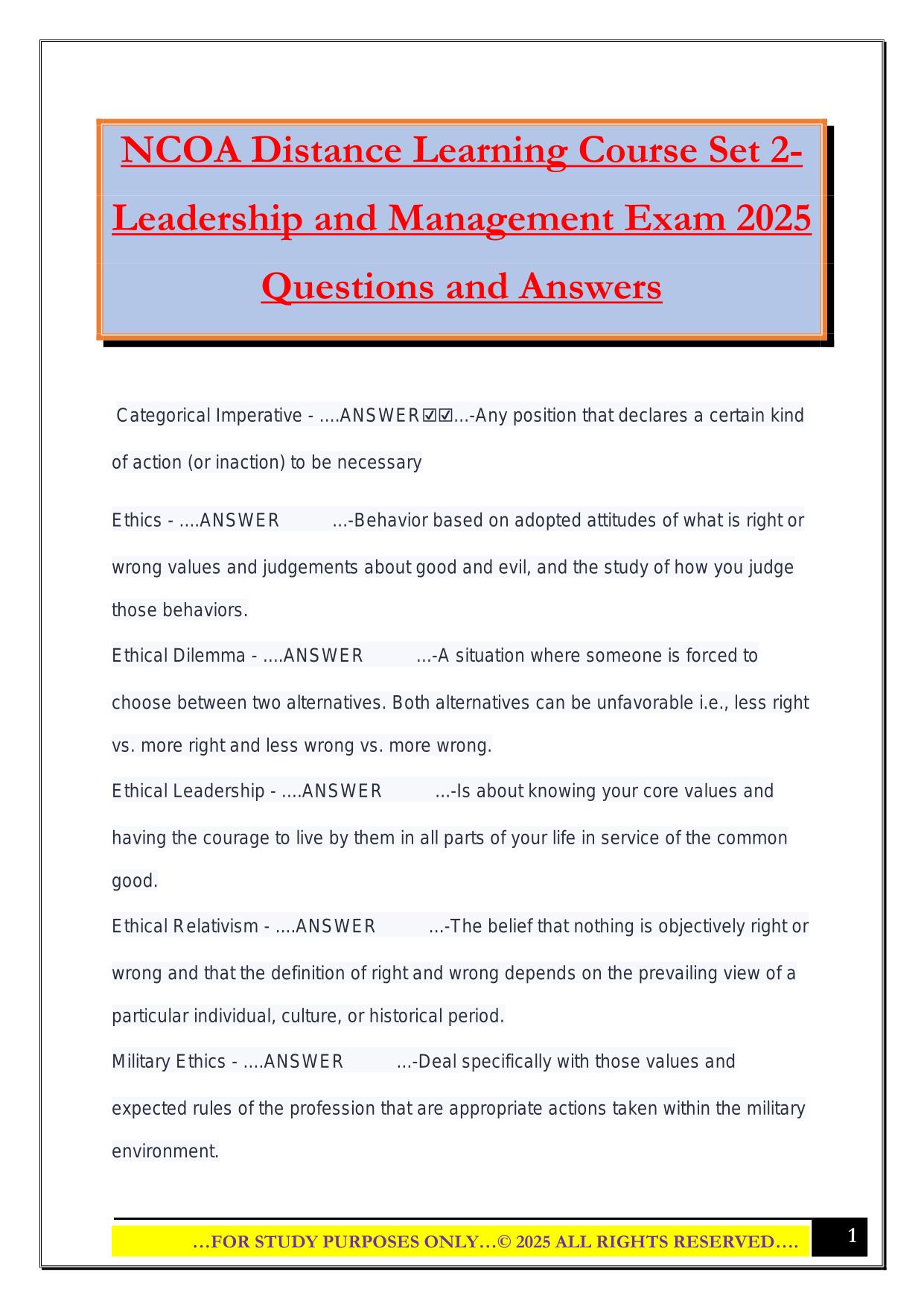 NCOA Distance Learning Course Set 2- Leadership and Management Exam 2025 Questions and Answers