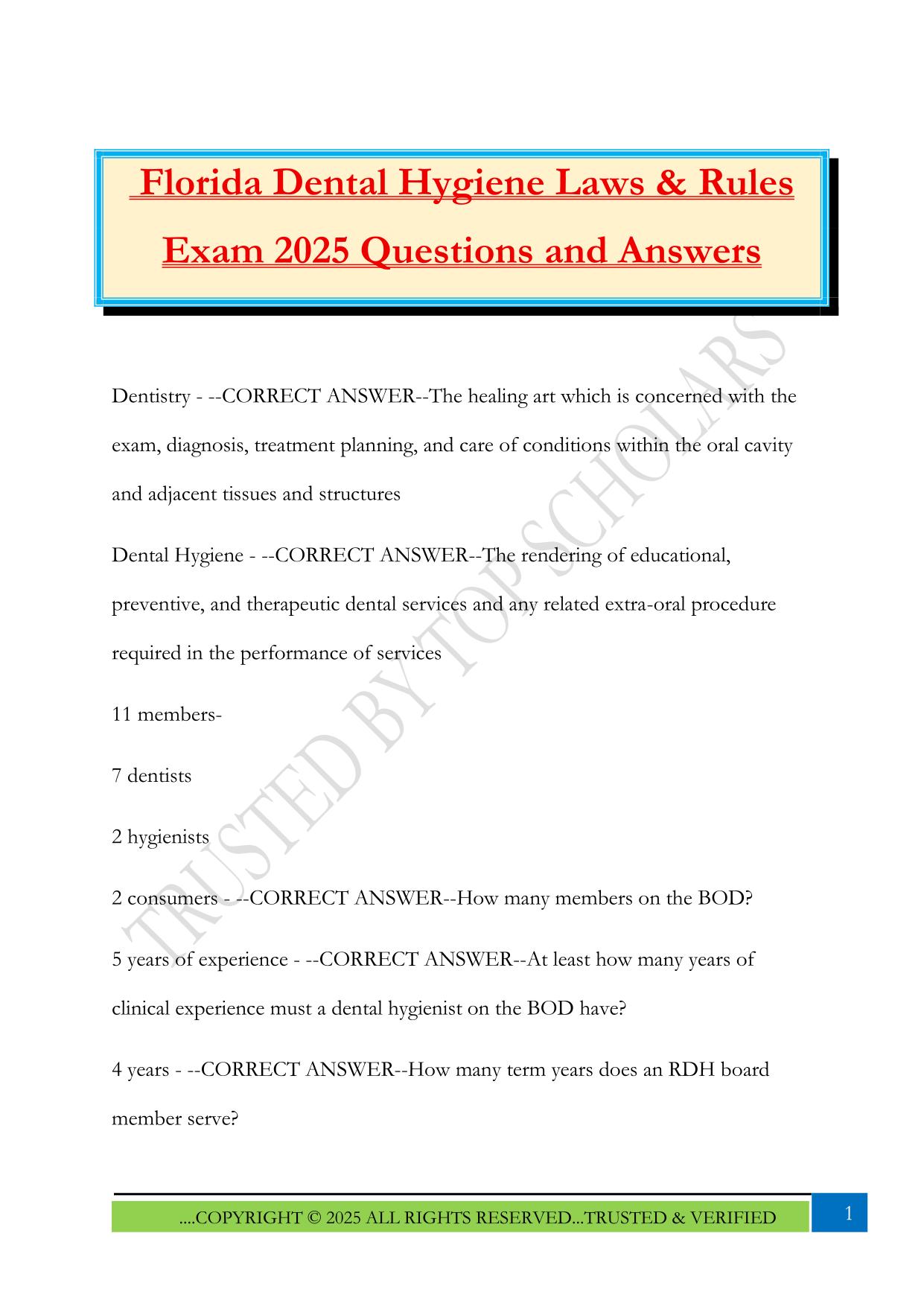 Florida Dental Hygiene Laws & Rules Exam 2025 Questions and Answers