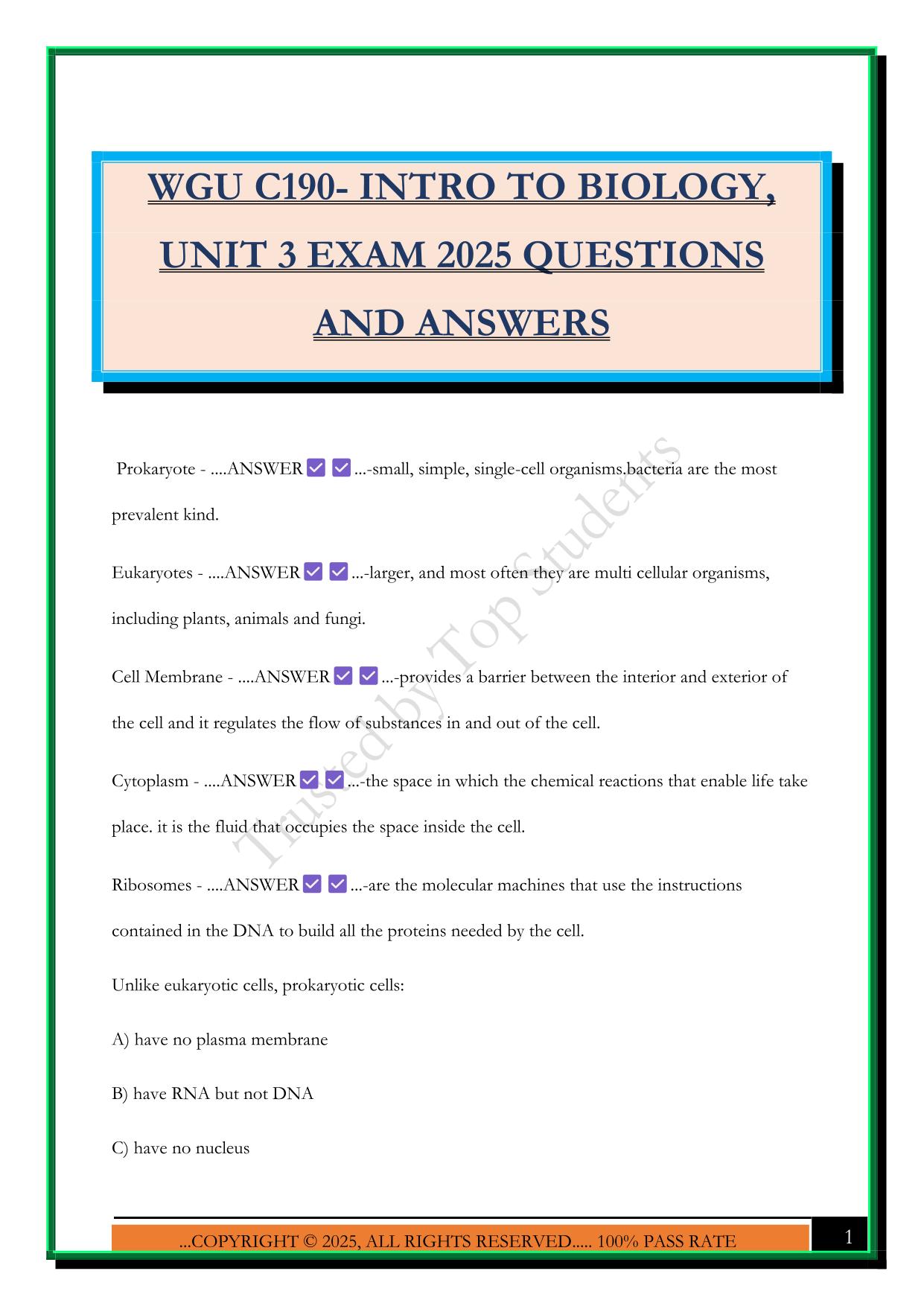 WGU C190- INTRO TO BIOLOGY, UNIT 3 EXAM 2025 QUESTIONS AND ANSWERS