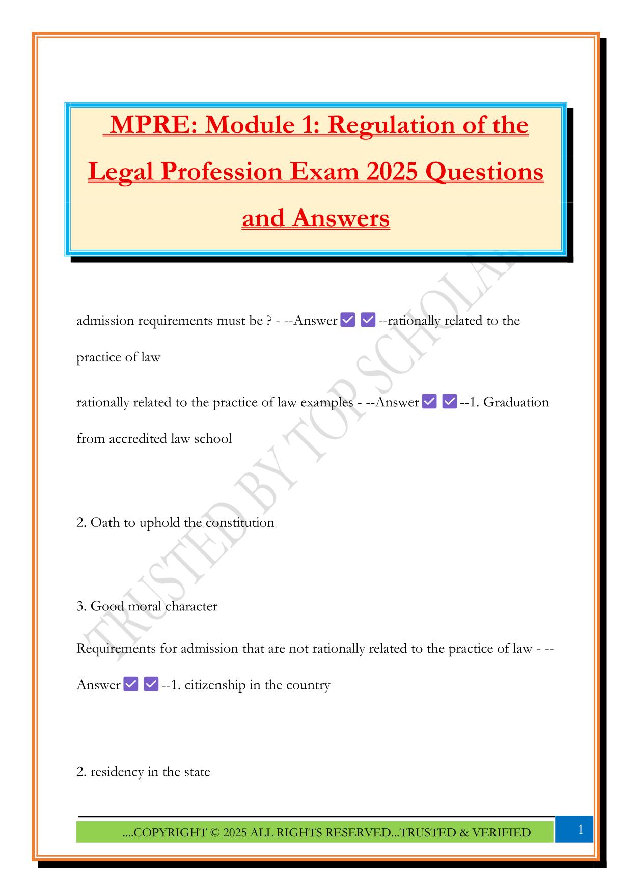 MPRE: Module 1: Regulation of the Legal Profession Exam 2025 Questions and Answers