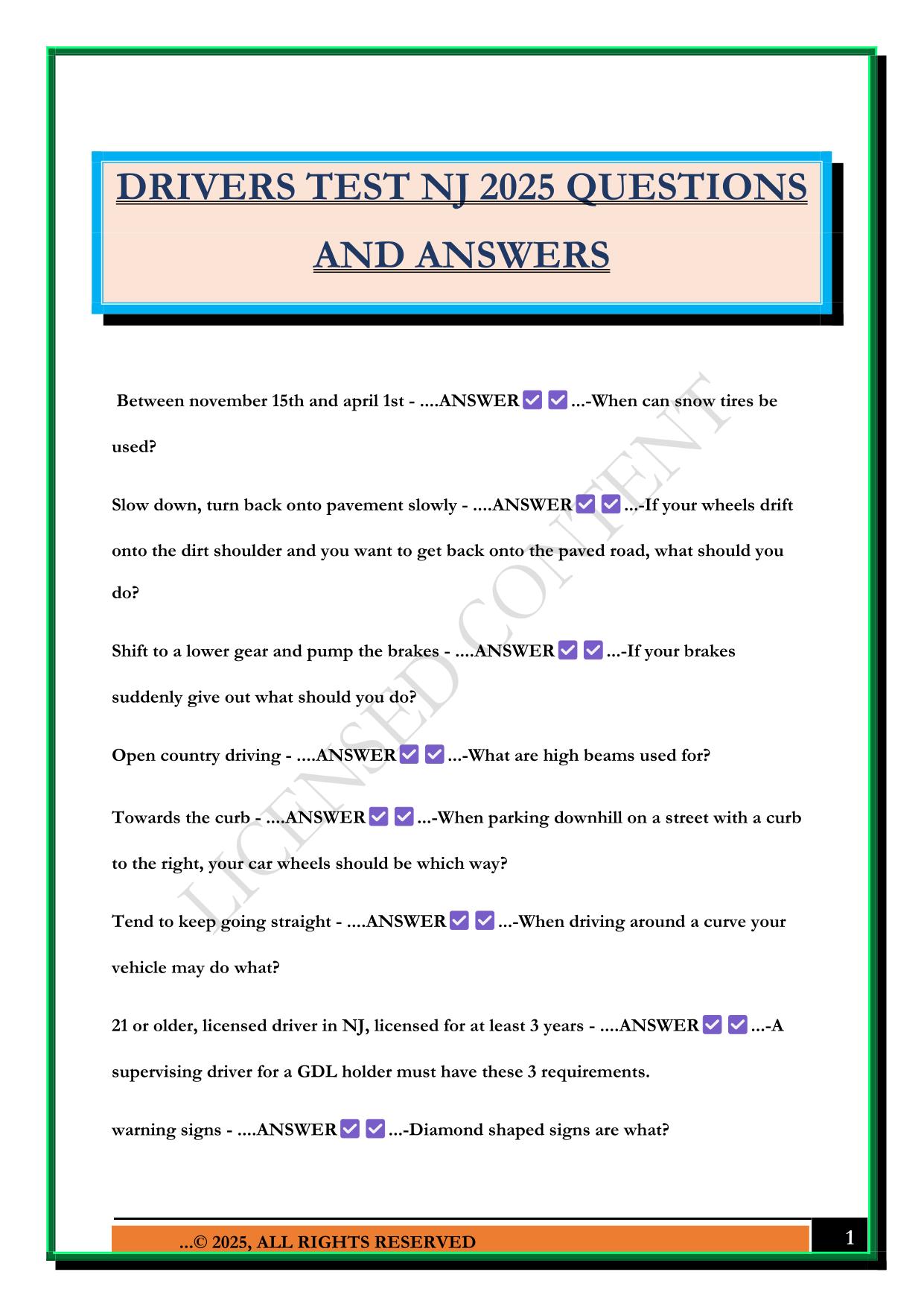 DRIVERS TEST NJ 2025 QUESTIONS AND ANSWERS