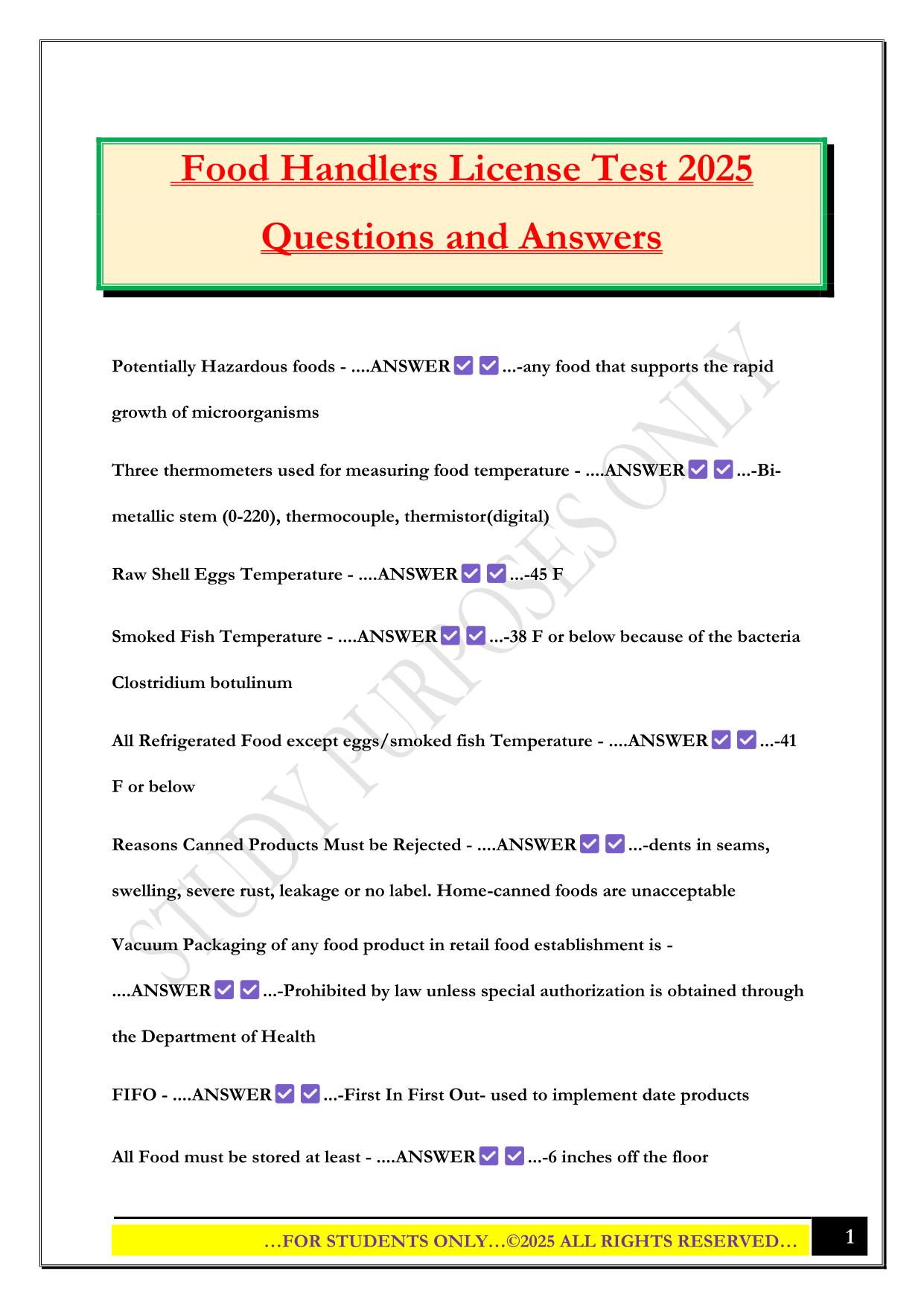 Food Handlers License Test 2025 Questions and Answers