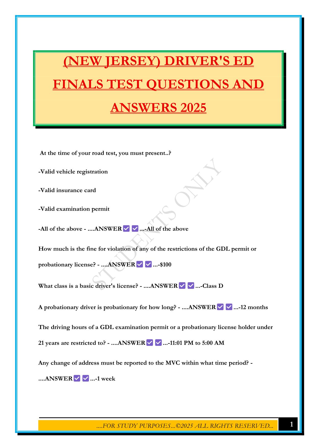 (NEW JERSEY) DRIVER'S ED FINALS TEST QUESTIONS AND ANSWERS 2025