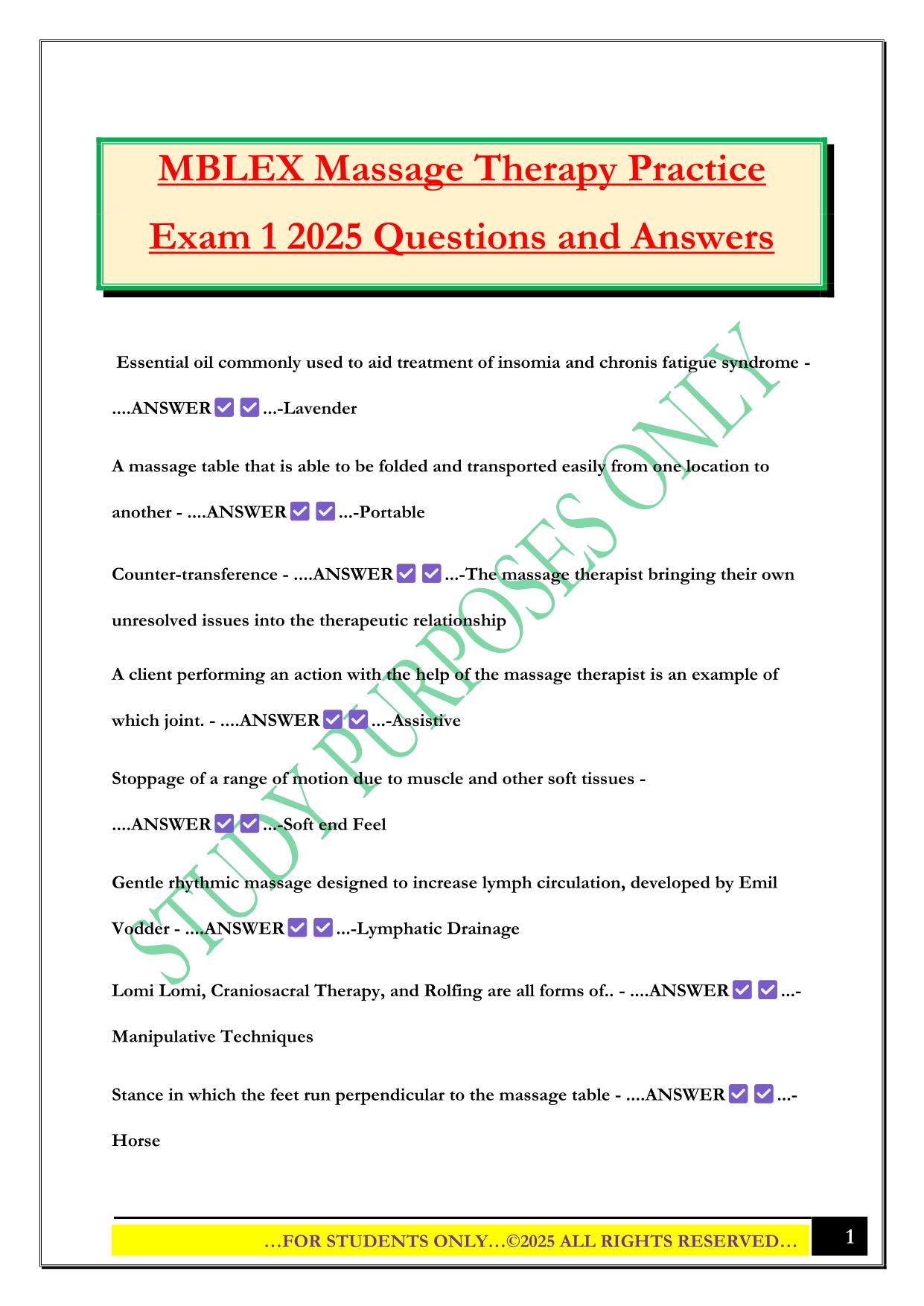 MBLEX Massage Therapy Practice Exam 1 2025 Questions and Answers