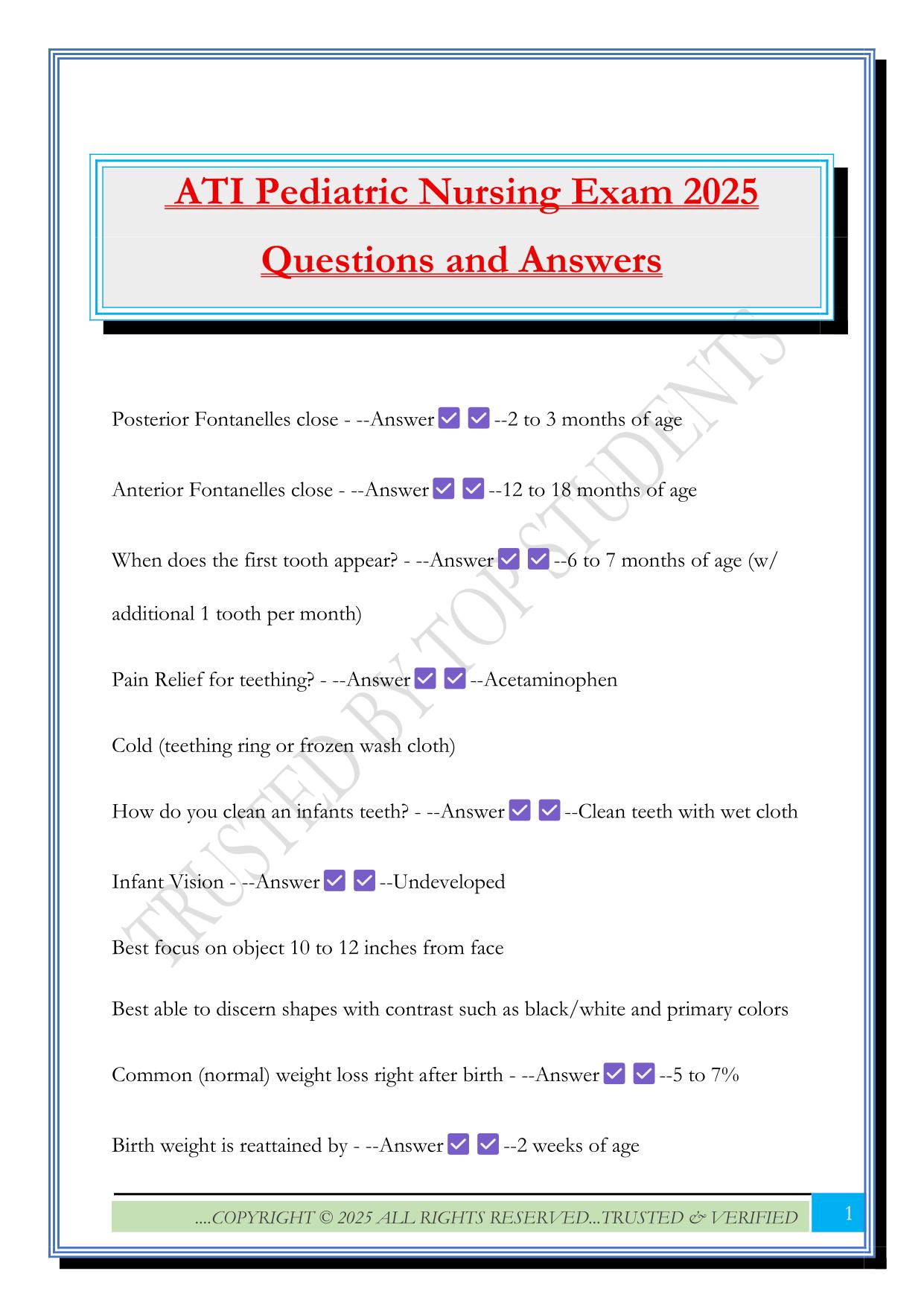 ATI Pediatric Nursing Exam 2025 Questions and Answers