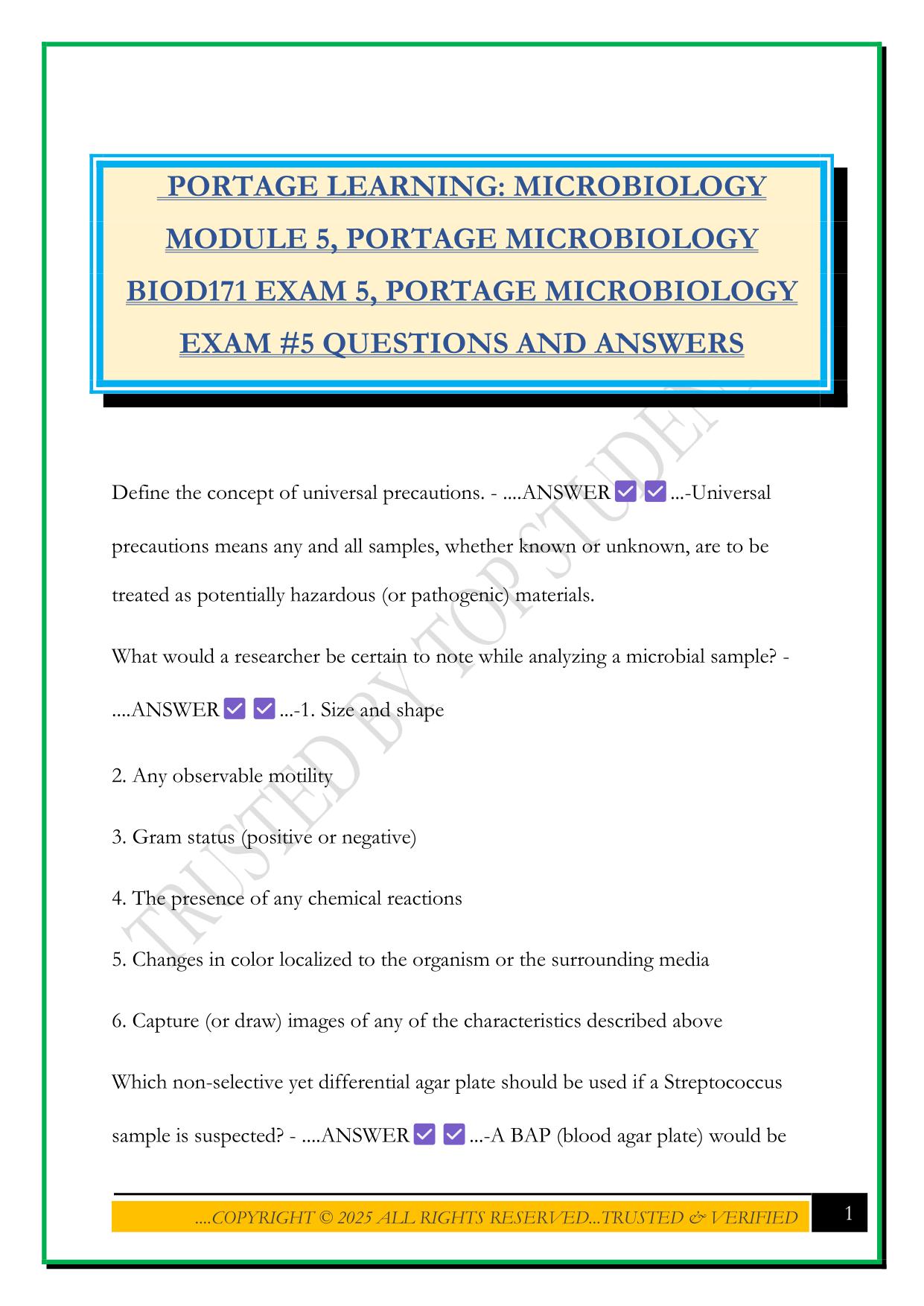 PORTAGE LEARNING: MICROBIOLOGY MODULE 5, PORTAGE MICROBIOLOGY BIOD171 EXAM 5, PORTAGE MICROBIOLOGY EXAM #5 QUESTIONS AND ANSWERS