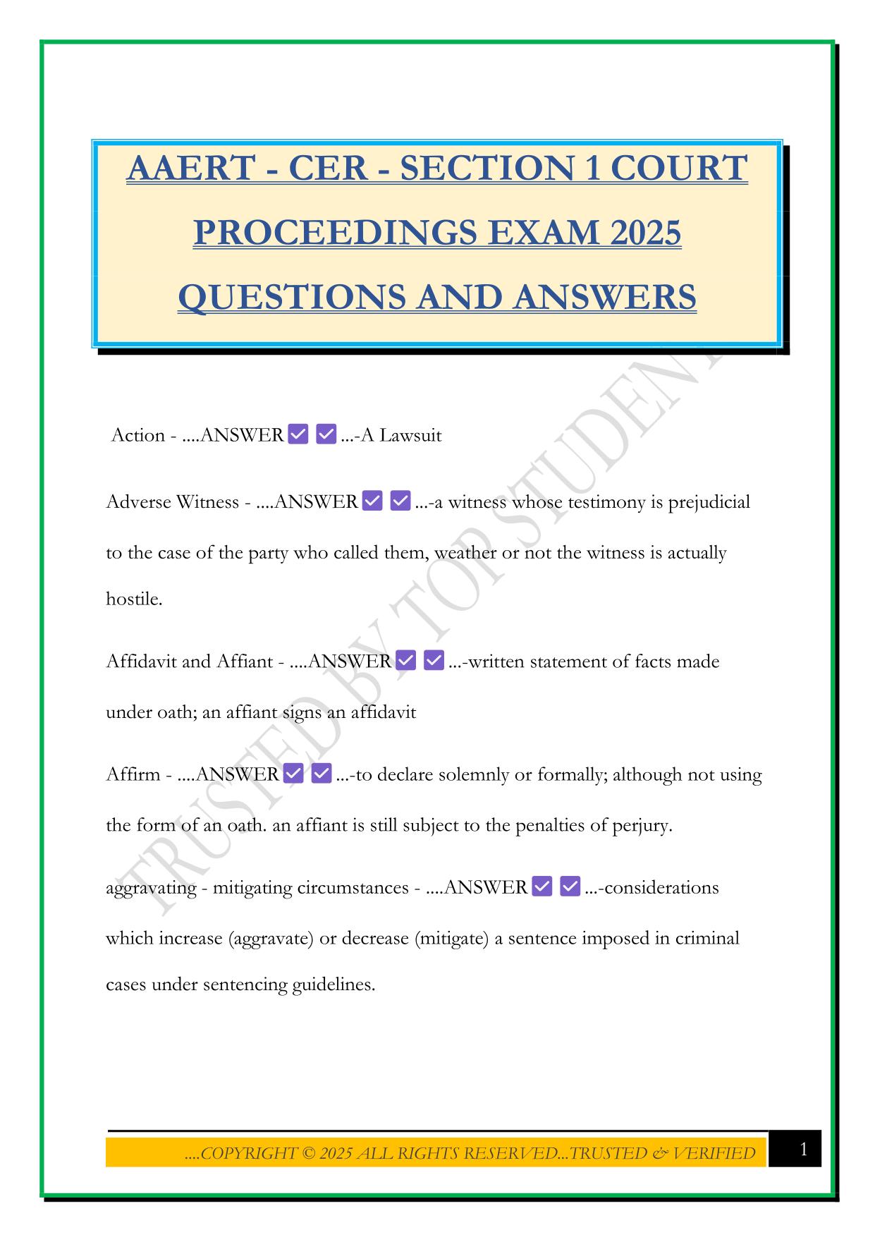 AAERT - CER - SECTION 1 COURT PROCEEDINGS EXAM 2025 QUESTIONS AND ANSWERS