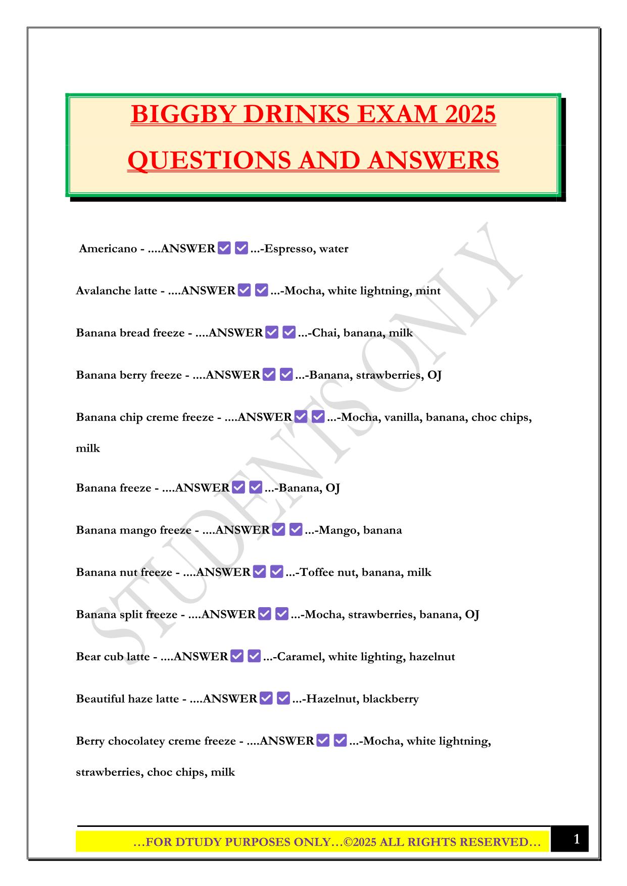 BIGGBY DRINKS EXAM 2025 QUESTIONS AND ANSWERS