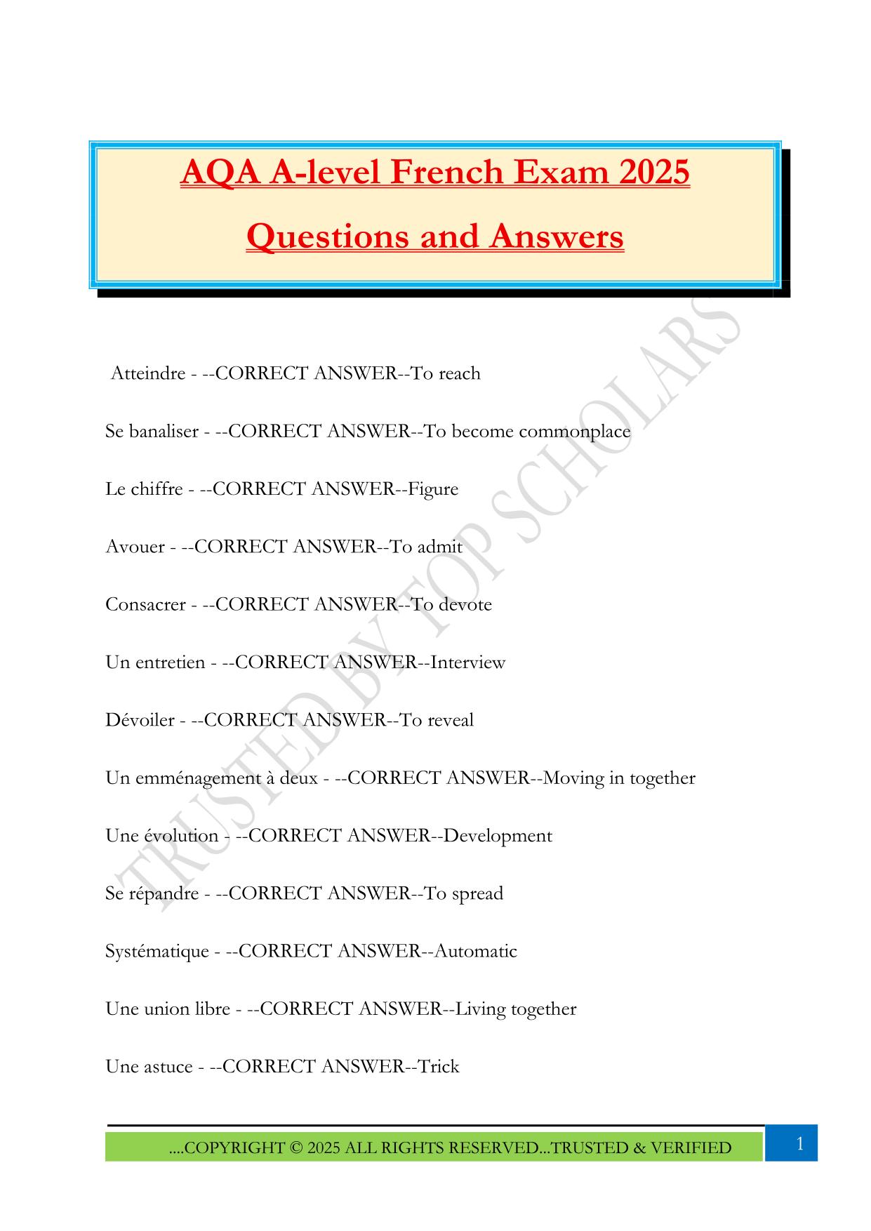 AQA A-level French Exam 2025 Questions and Answers