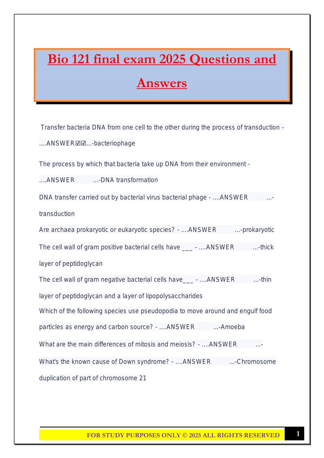 Bio 121 final exam 2025 Questions and Answers