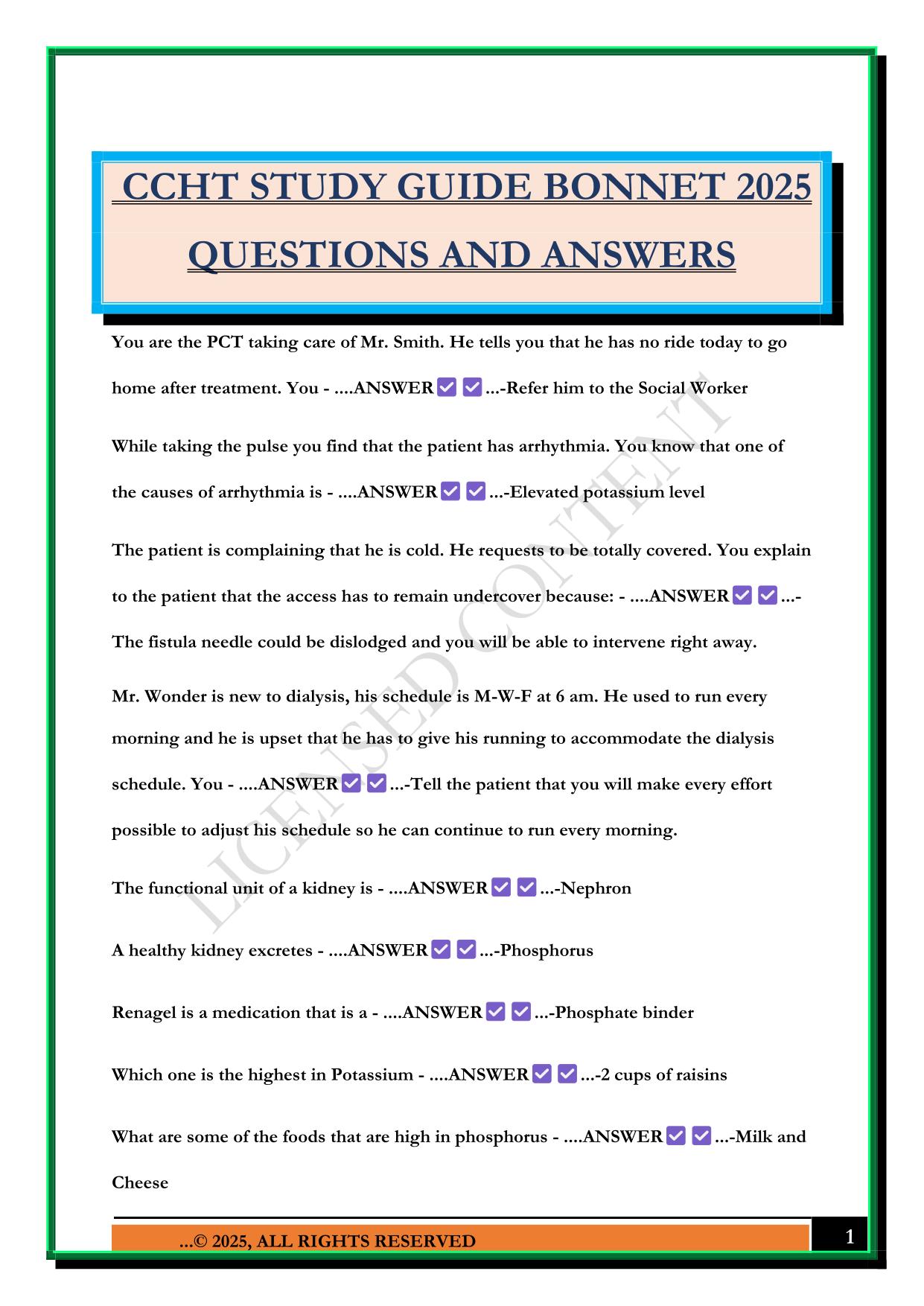 CCHT STUDY GUIDE BONNET 2025 QUESTIONS AND ANSWERS