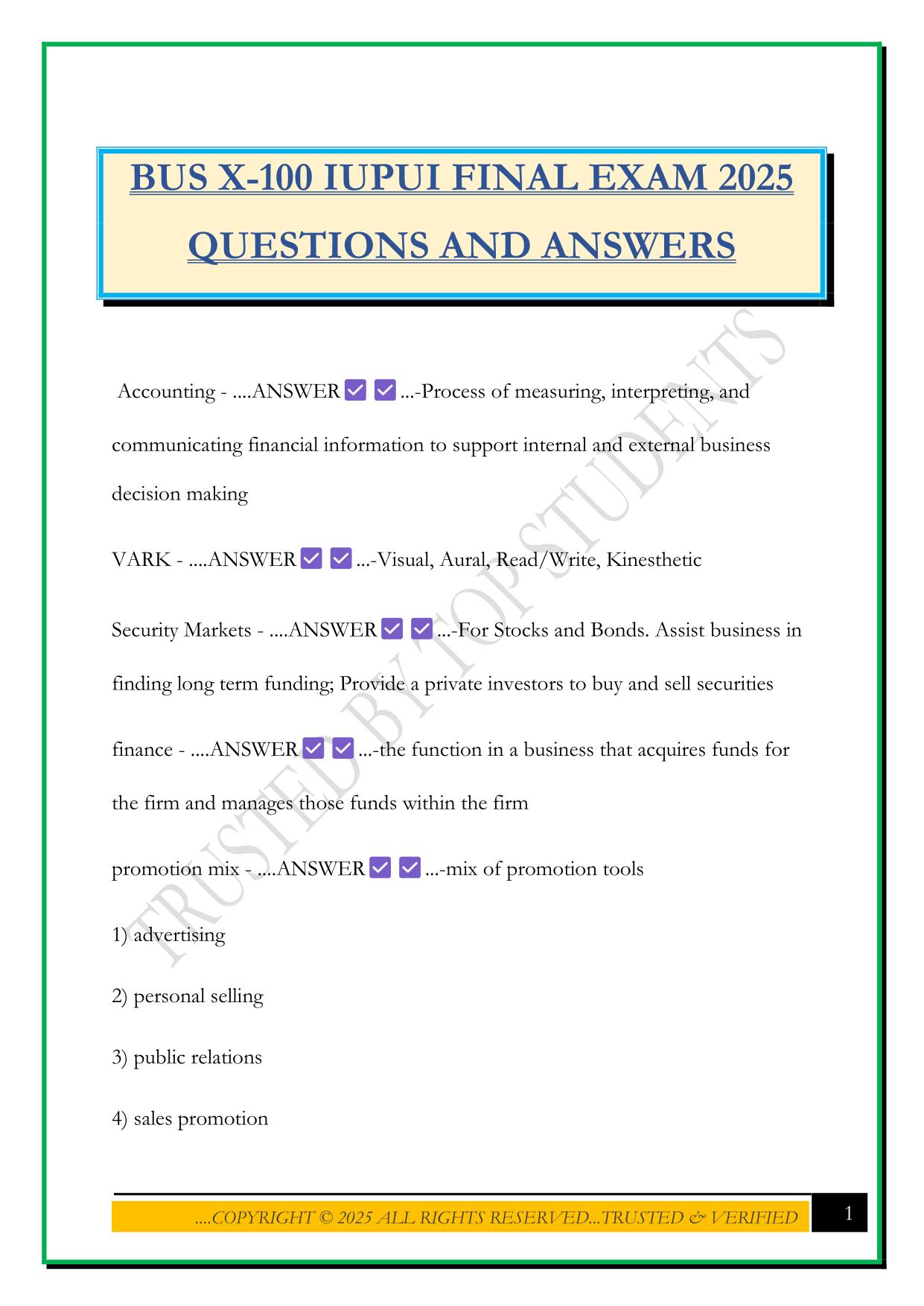 BUS X-100 IUPUI FINAL EXAM 2025 QUESTIONS AND ANSWERS