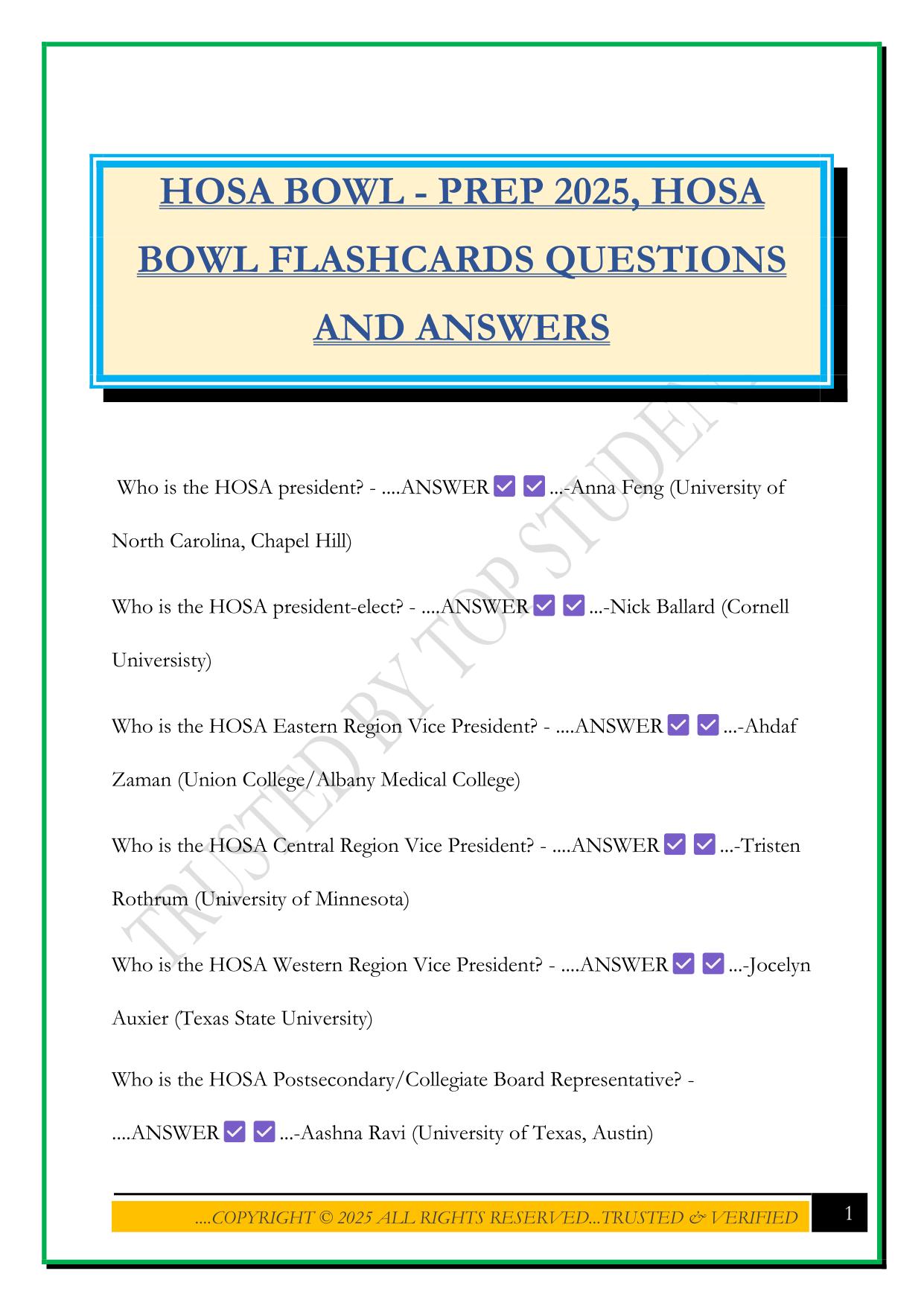 HOSA BOWL - PREP 2025, HOSA BOWL FLASHCARDS QUESTIONS AND ANSWERS