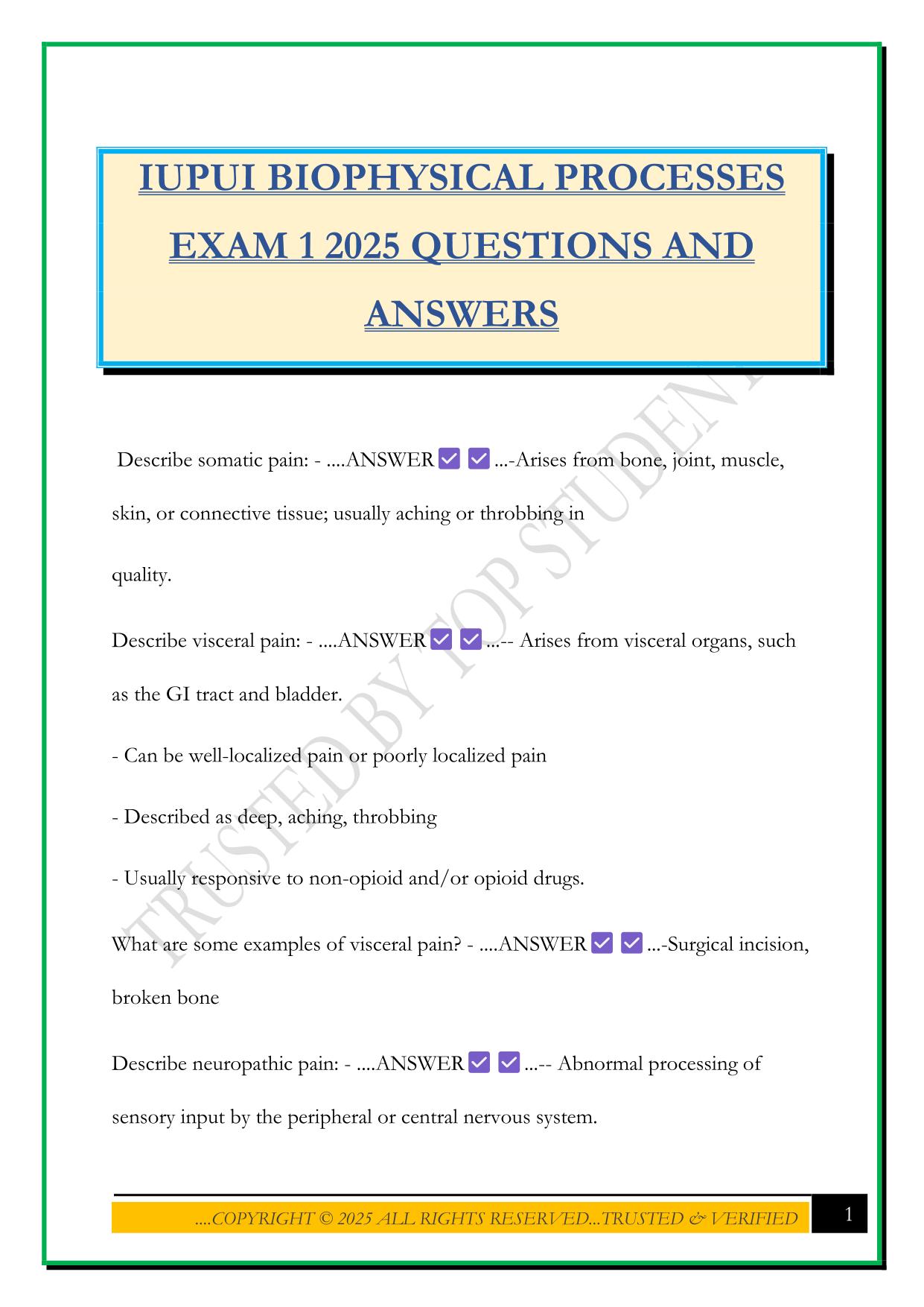 IUPUI BIOPHYSICAL PROCESSES EXAM 1 2025 QUESTIONS AND ANSWERS