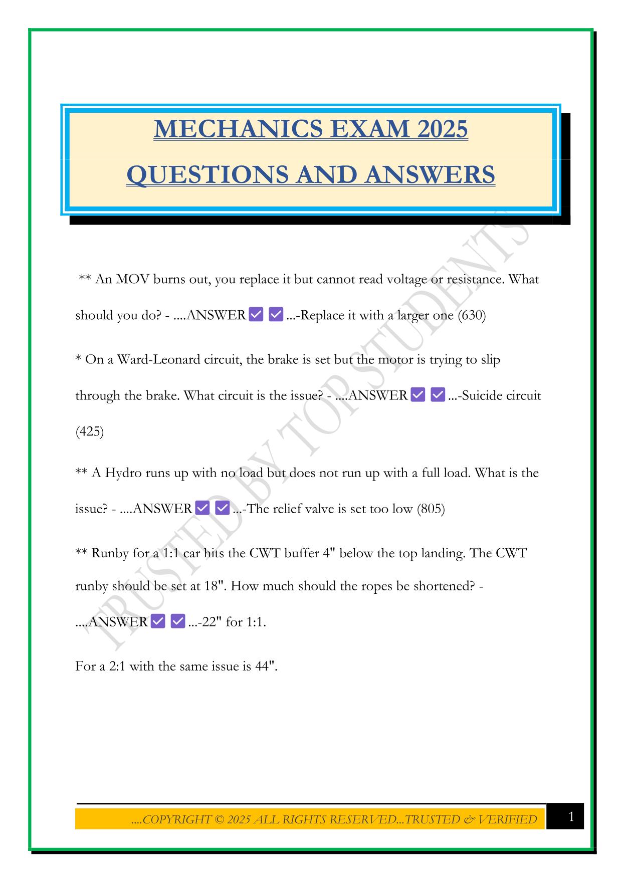 MECHANICS EXAM 2025 QUESTIONS AND ANSWERS
