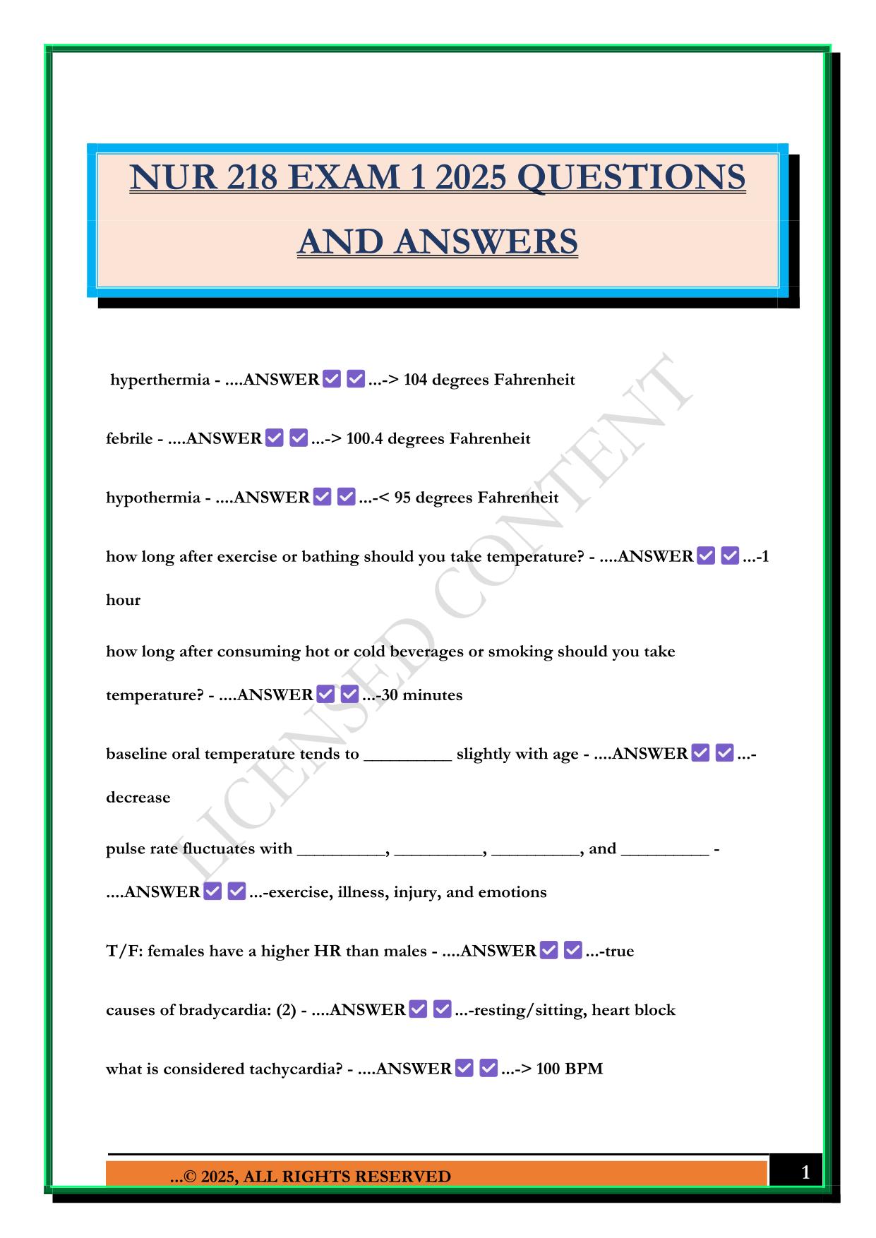 NUR 218 EXAM 1 2025 QUESTIONS AND ANSWERS