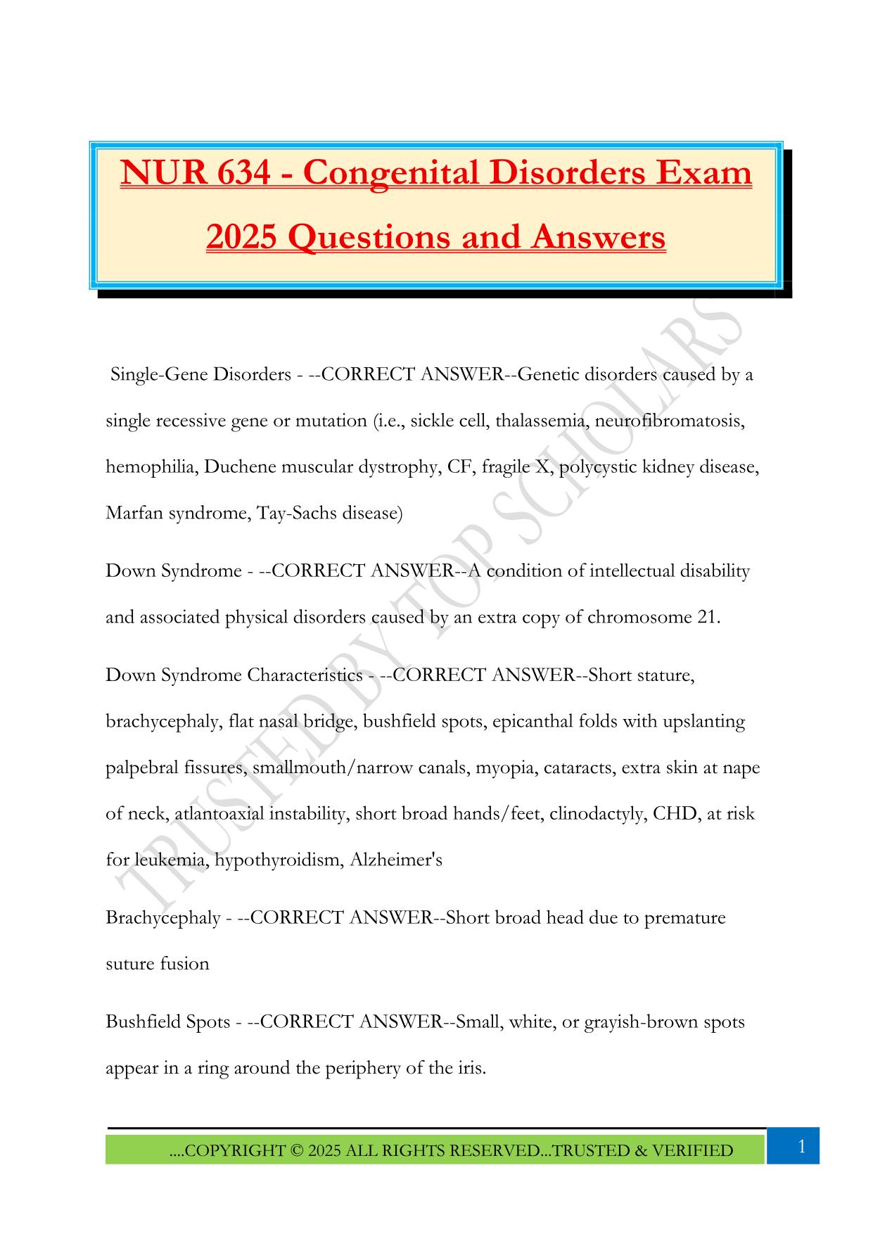 NUR 634 - Congenital Disorders Exam 2025 Questions and Answers