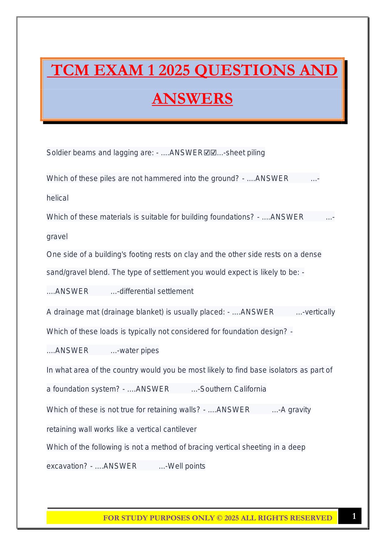TCM EXAM 1 2025 QUESTIONS AND ANSWERS