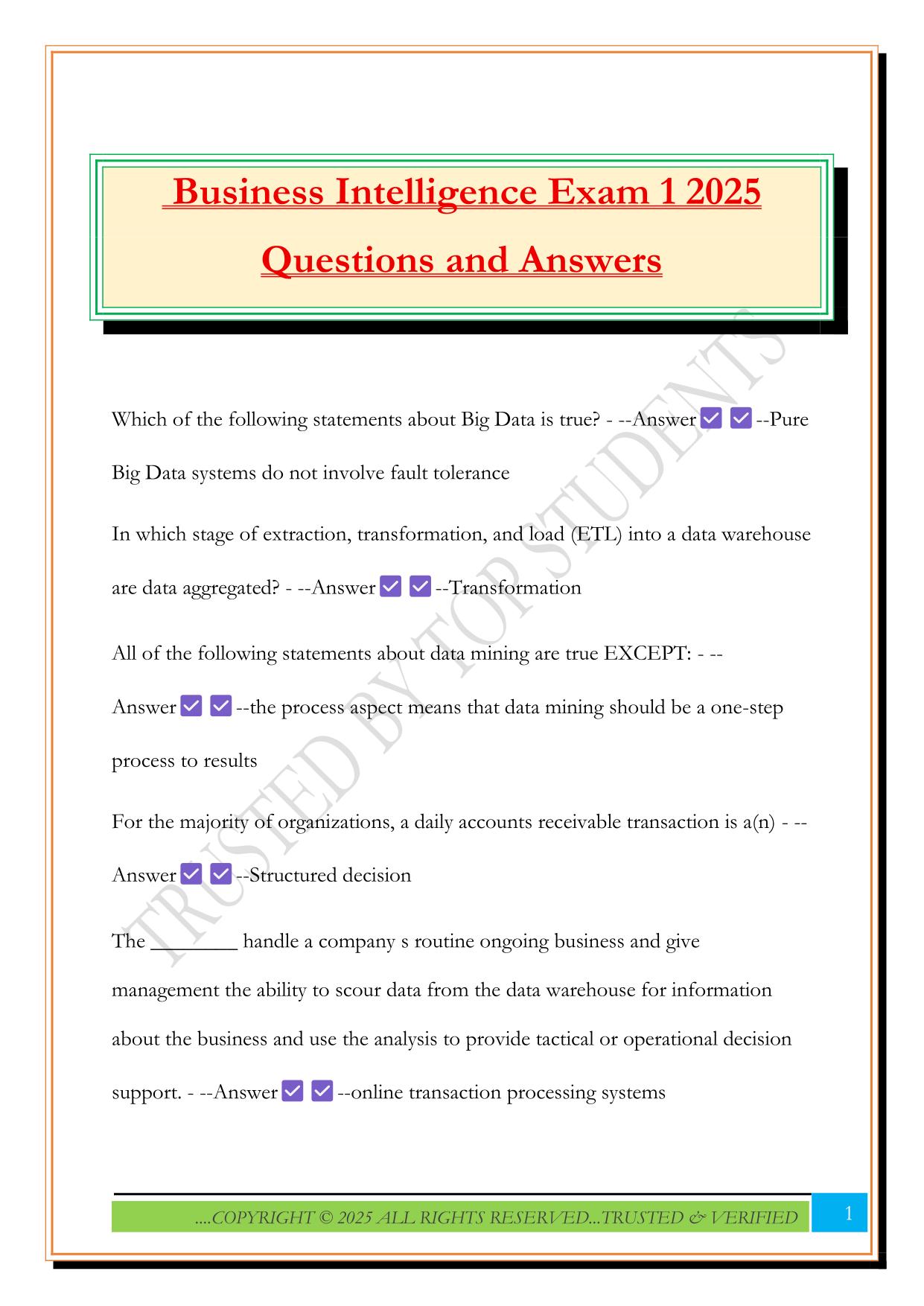 Business Intelligence Exam 1 2025 Questions and Answers