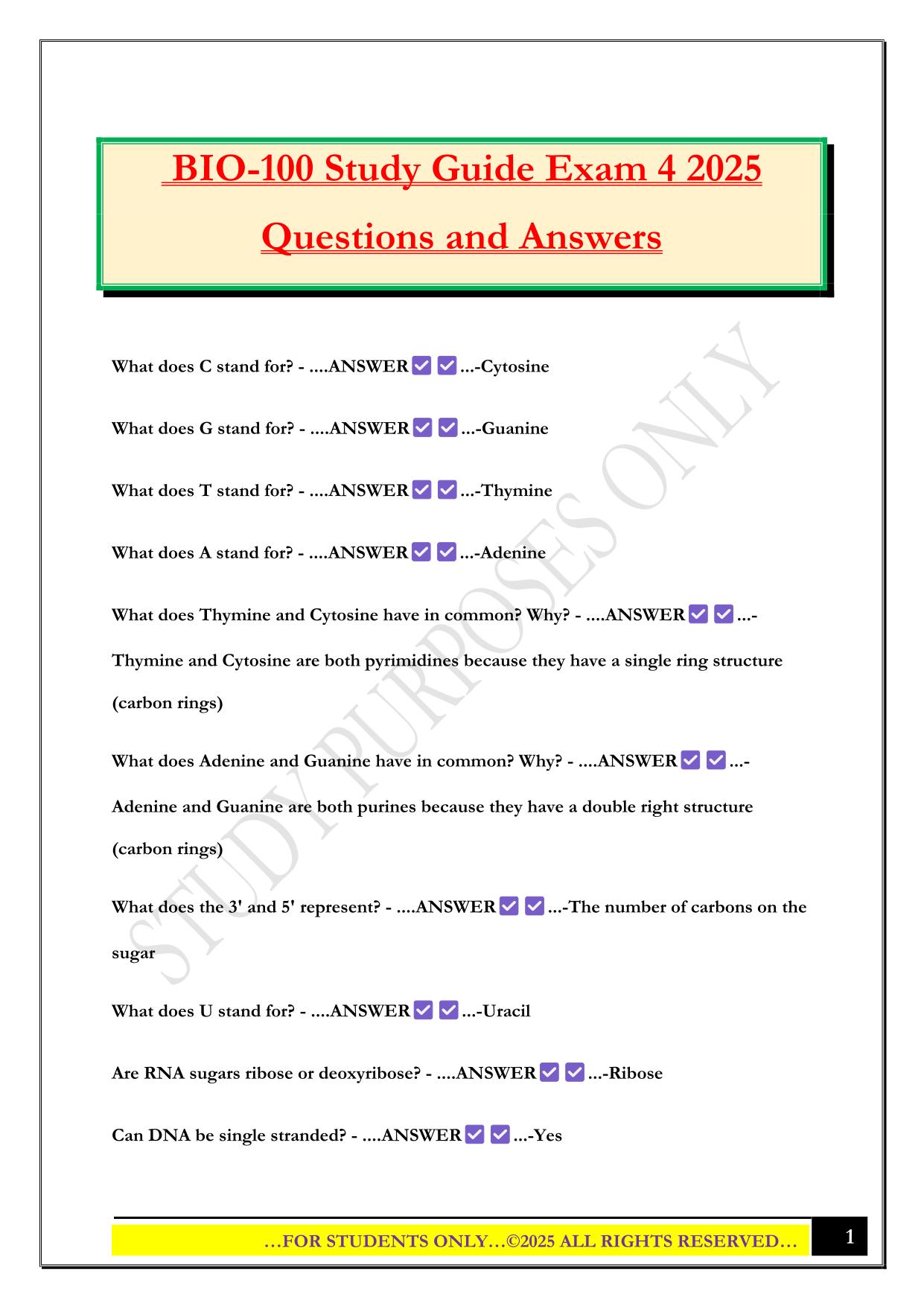 BIO-100 Study Guide Exam 4 2025 Questions and Answers