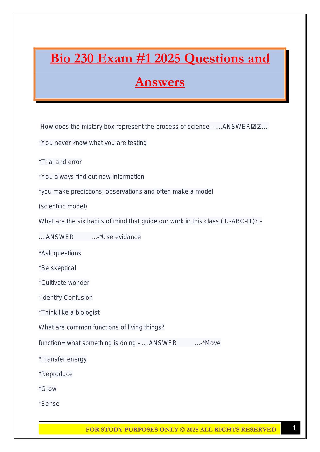 Bio 230 Exam #1 2025 Questions and Answers