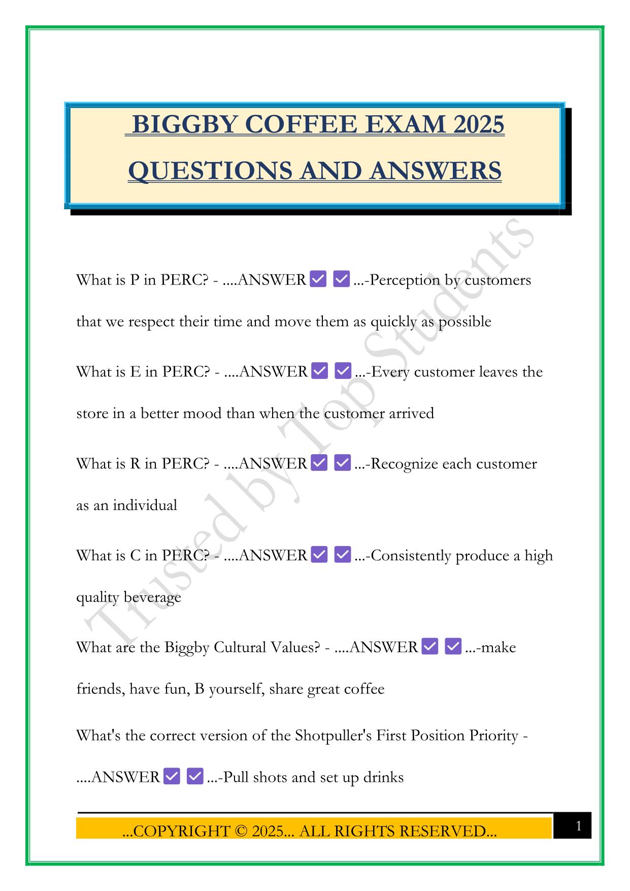 BIGGBY COFFEE EXAM 2025 QUESTIONS AND ANSWERS