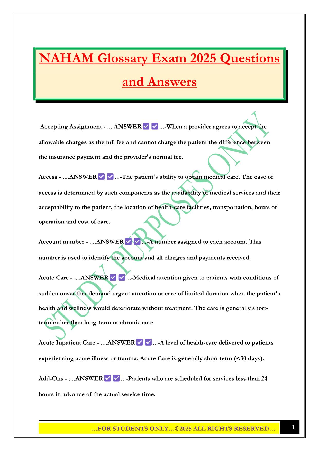 NAHAM Glossary Exam 2025 Questions and Answers