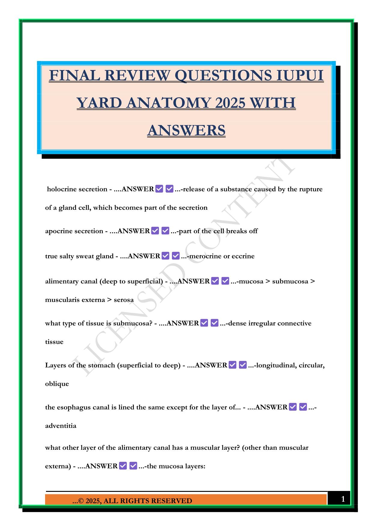 FINAL REVIEW QUESTIONS IUPUI YARD ANATOMY 2025 WITH ANSWERS